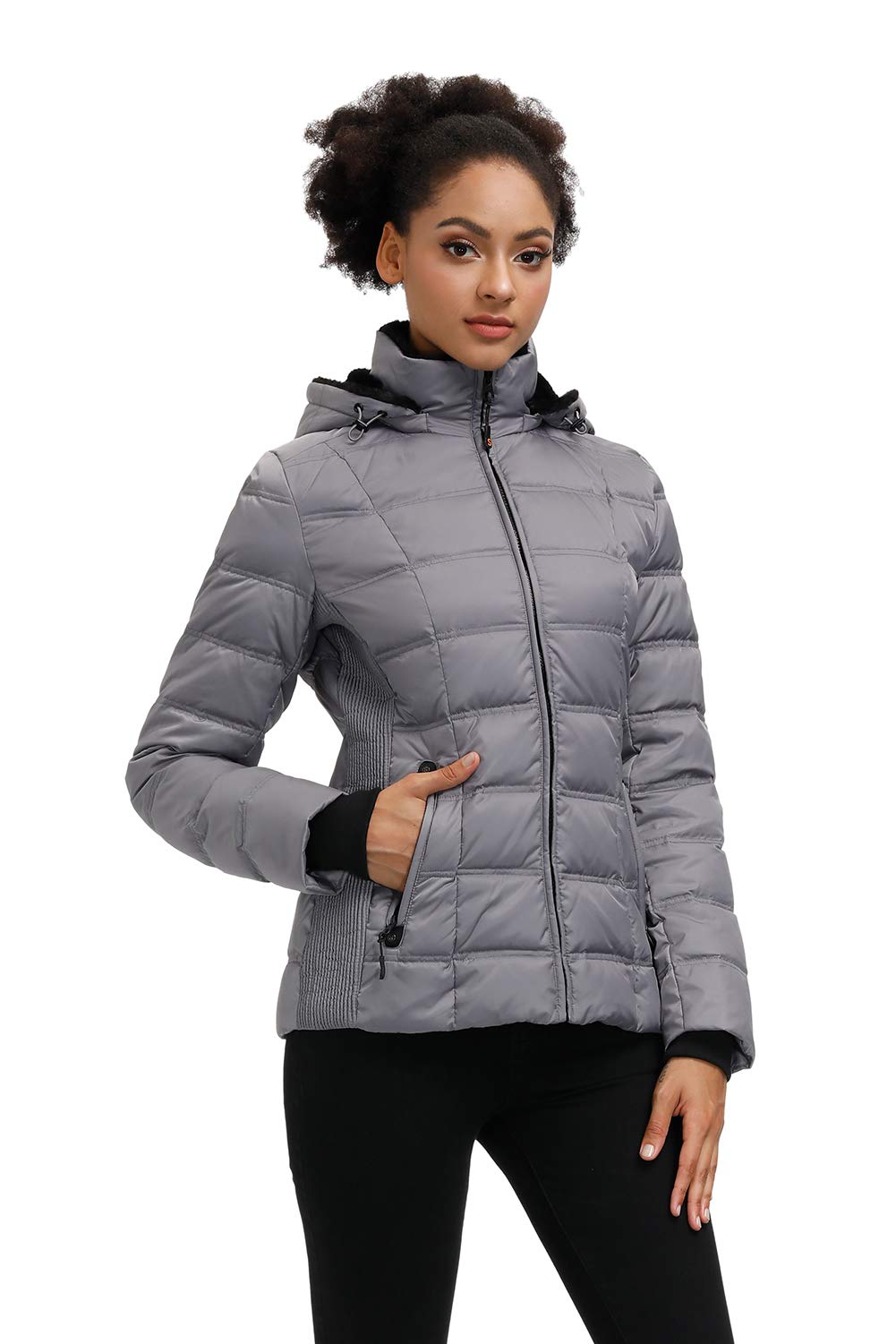 SLOW DOWN Women Down Puffer Jacket Warm Hooded Winter Down Puffer Coat with Faux-Fur Hood & Collar