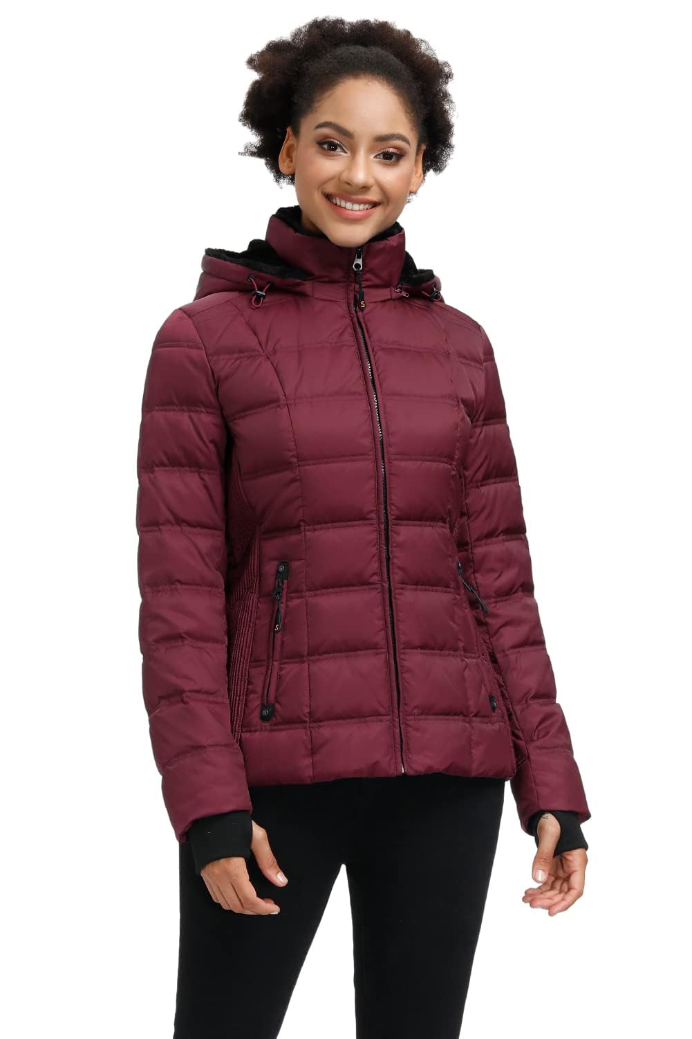 SLOW DOWN Women Down Puffer Jacket Warm Hooded Winter Down Puffer Coat with Faux-Fur Hood & Collar