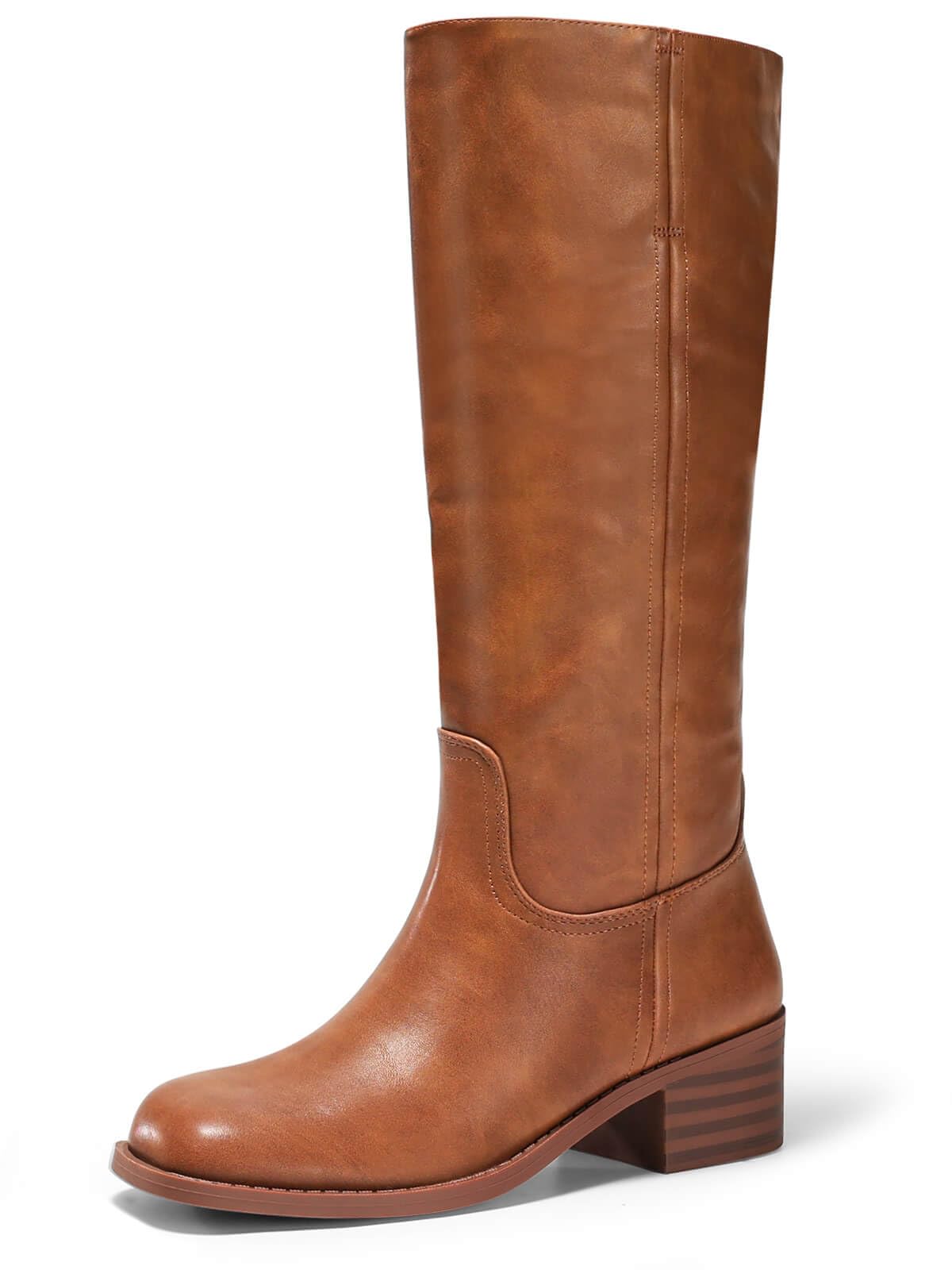 Coutgo Women's Knee High Boots Square Toe Chunky Block Heel Tall Boots Comfortable Low Heel Shoes