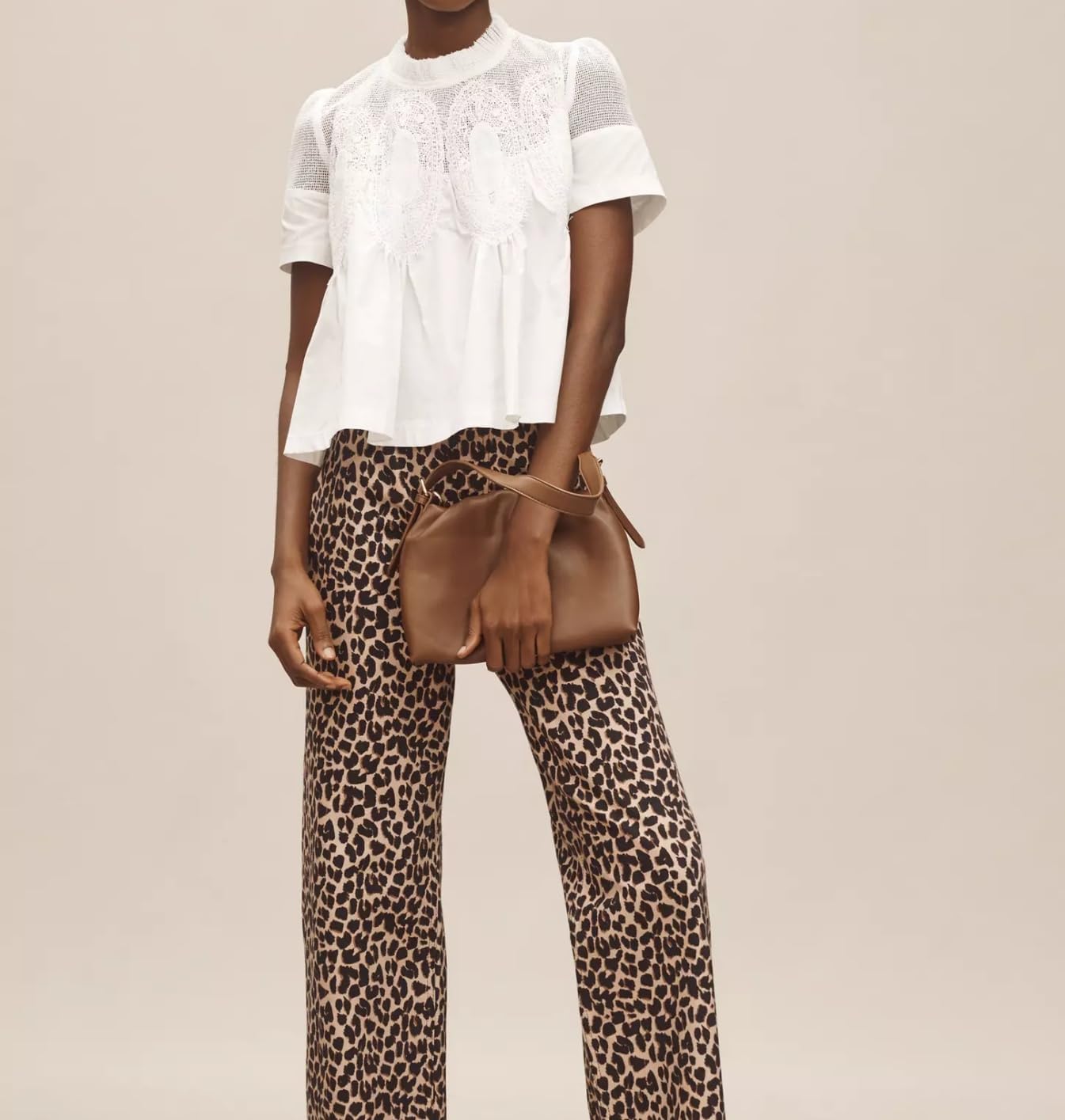 VAOYIU Women Lace-Detail Flared Blouse Short-Sleeve Crew Neck Lace Poplin Mesh Swing Top Elegant Loose Intricate Back Design