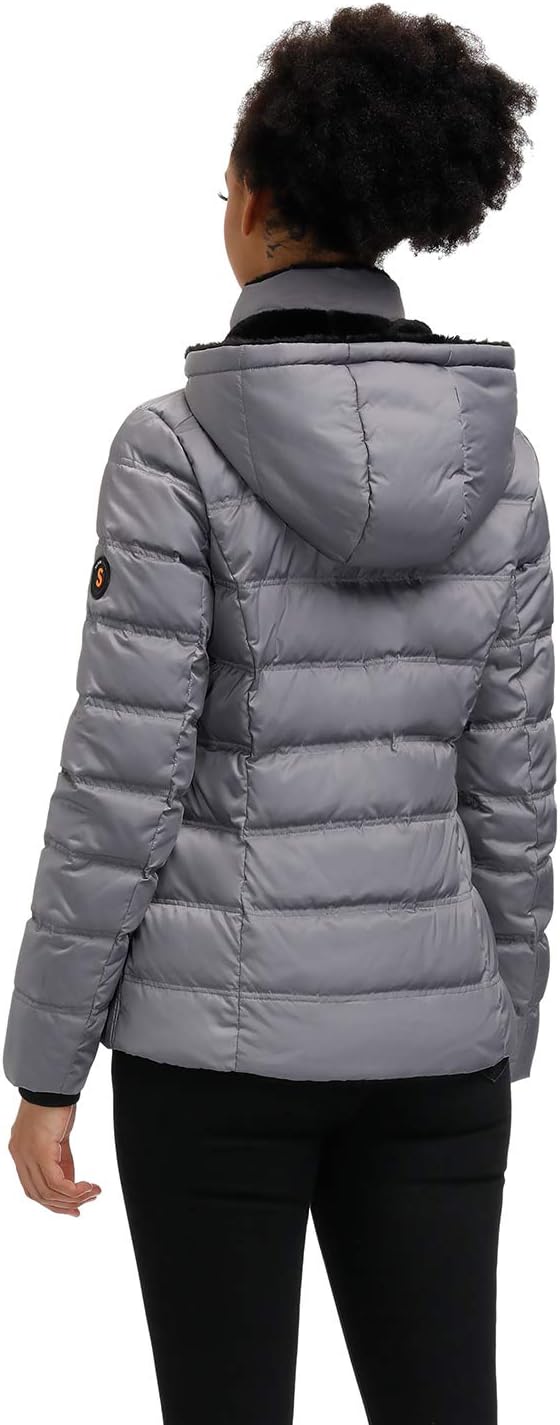 SLOW DOWN Women Down Puffer Jacket Warm Hooded Winter Down Puffer Coat with Faux-Fur Hood & Collar