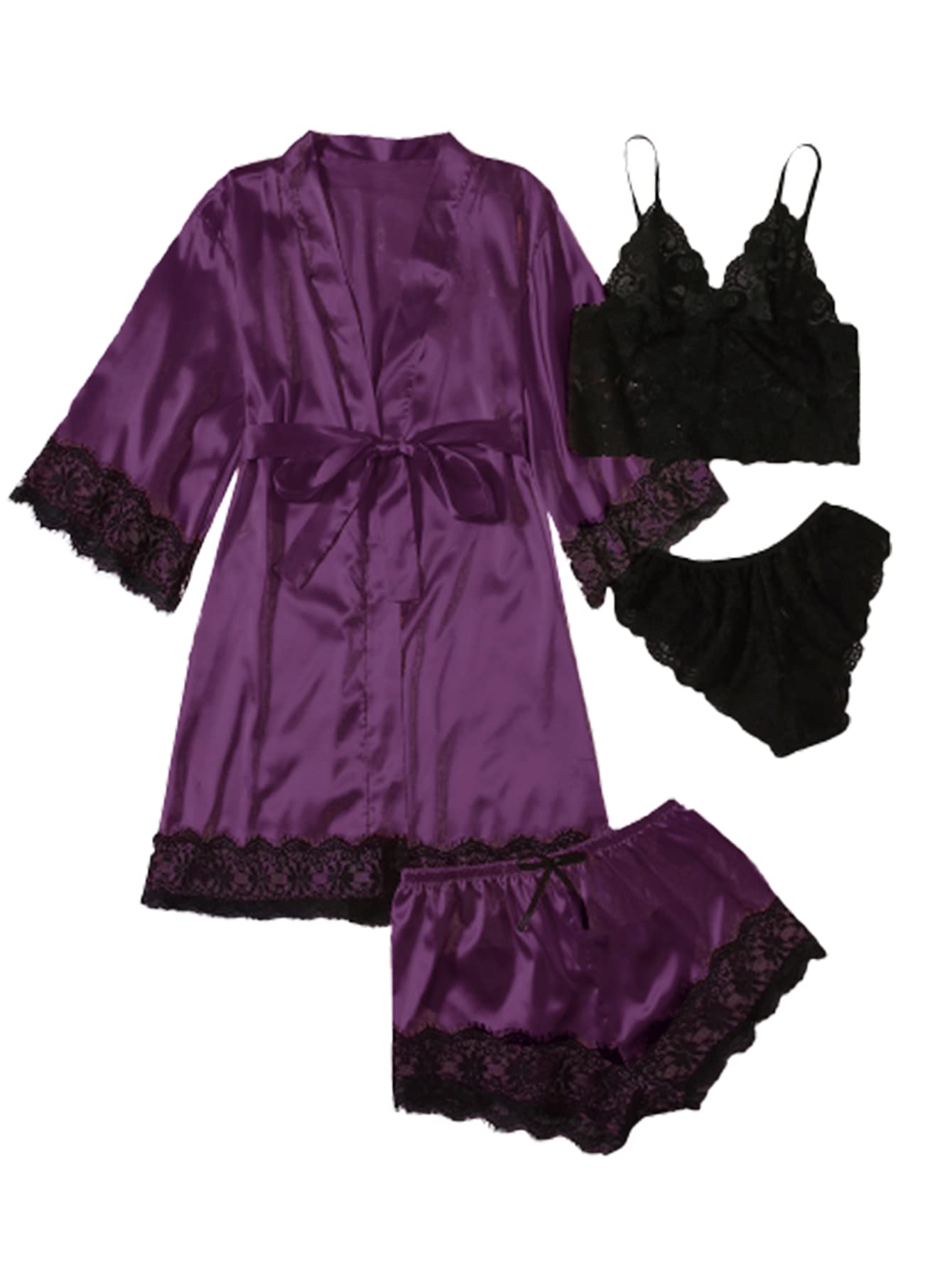 WDIRARA Women' Silk Satin Pajamas Set 4pcs Lingerie Floral Lace Cami Sleepwear with Robe