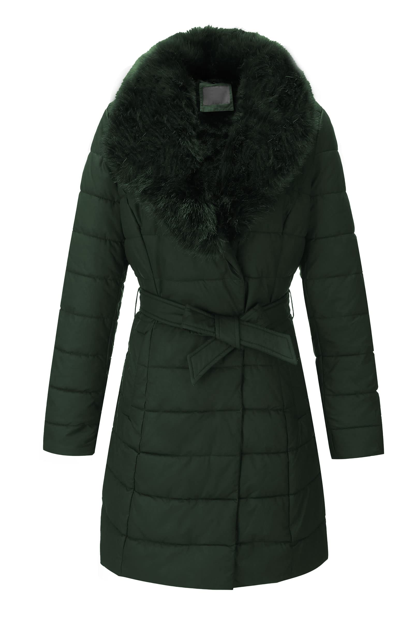 Bellivera Women's Winter Puffer Jacket Cold-Resistant Patchwork Plush Lining Coat with Removable Fur Collar Hooded and Belted