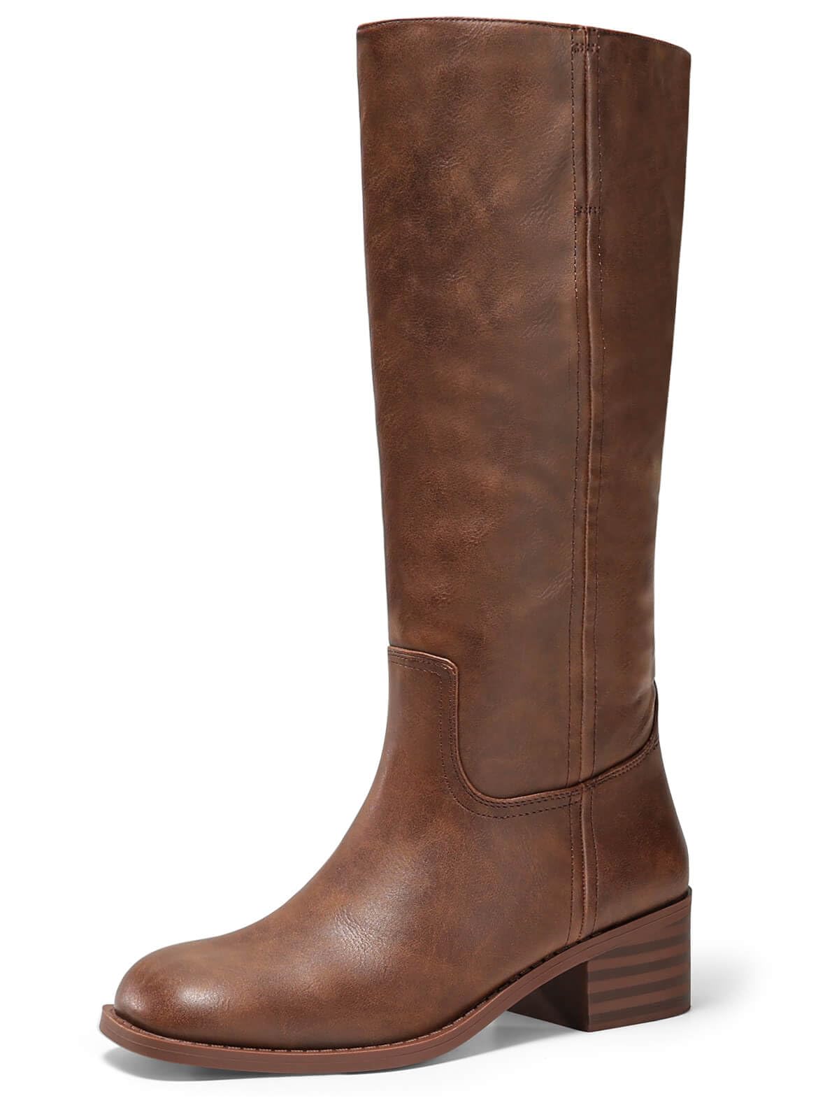 Coutgo Women's Knee High Boots Square Toe Chunky Block Heel Tall Boots Comfortable Low Heel Shoes