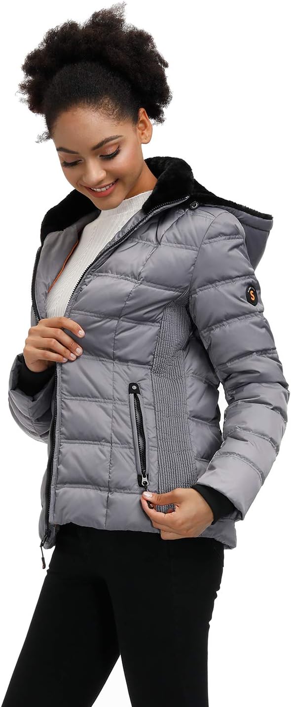 SLOW DOWN Women Down Puffer Jacket Warm Hooded Winter Down Puffer Coat with Faux-Fur Hood & Collar