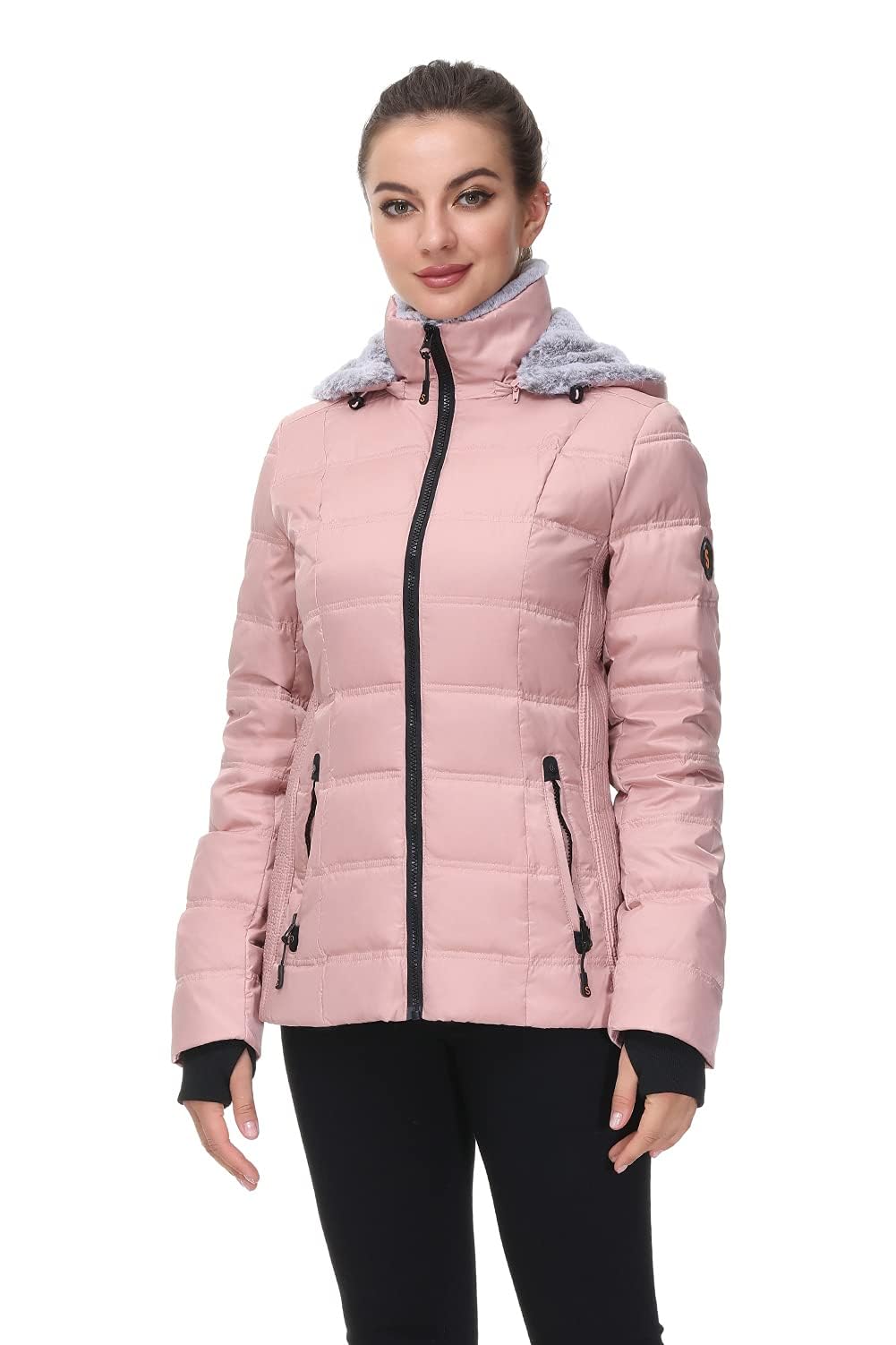 SLOW DOWN Women Down Puffer Jacket Warm Hooded Winter Down Puffer Coat with Faux-Fur Hood & Collar