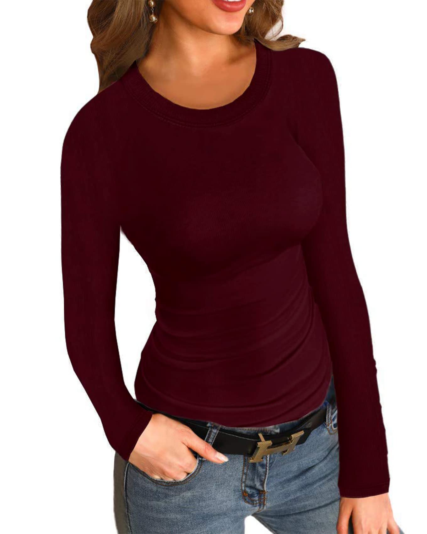 Womens Ribbed Long Sleeve Shirts Tops Fitted Tshirts Basic Slim Fit Tight Tee Shirt Fall Going Out Top 2024