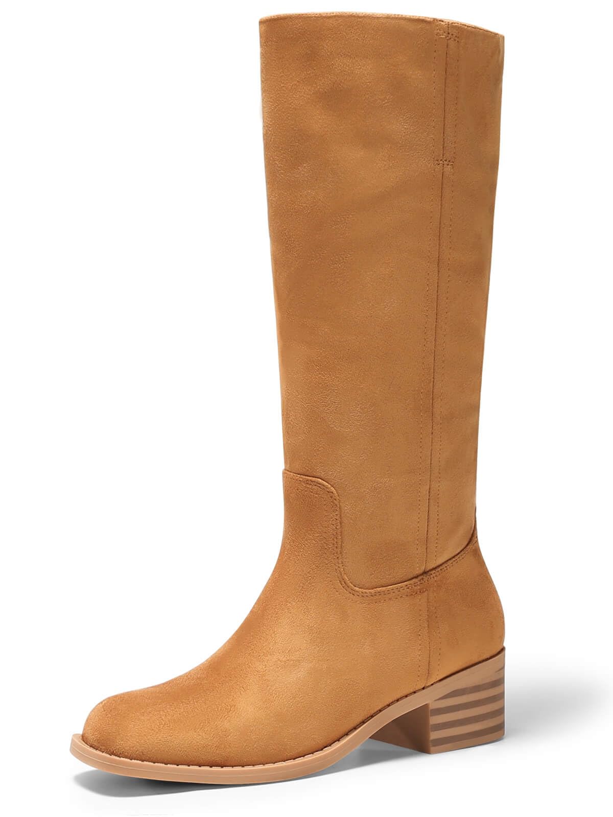 Coutgo Women's Knee High Boots Square Toe Chunky Block Heel Tall Boots Comfortable Low Heel Shoes