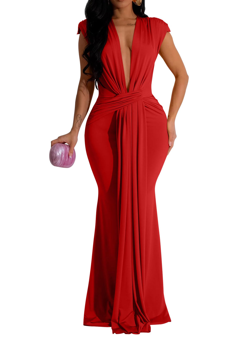 Memoriesea Women's Elegant Sleeveless Deep V Neck Bodycon Party Evening Gown Maxi Dress
