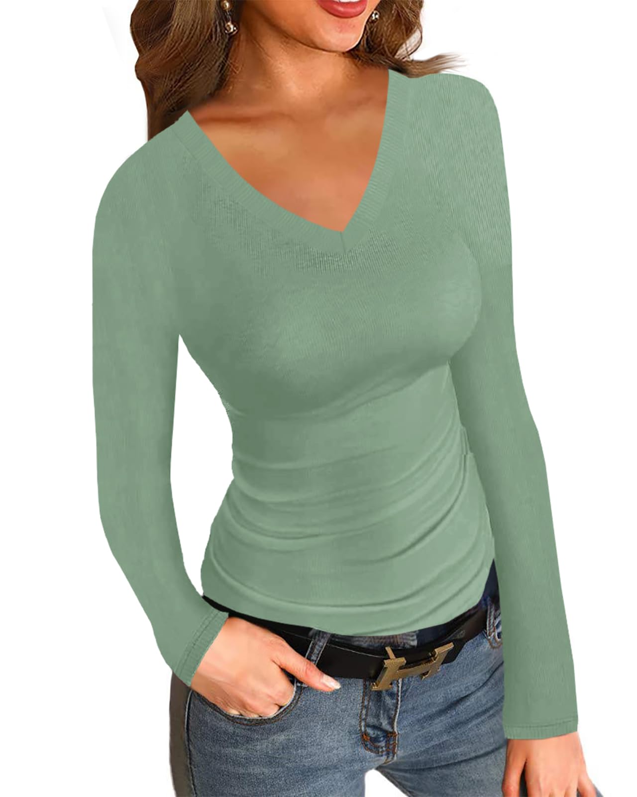 Womens Ribbed Long Sleeve Shirts Tops Fitted Tshirts Basic Slim Fit Tight Tee Shirt Fall Going Out Top 2024