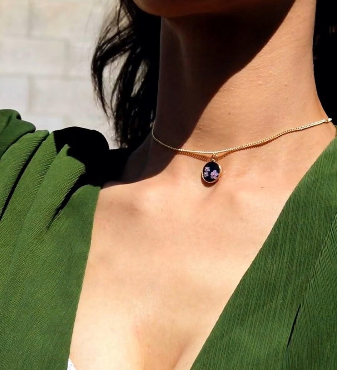 18K Gold Plated Natural Stone Necklace with Color Changing Floral Design, Black Obsidian, Amazonite, Rose Quartz, UV Reactive