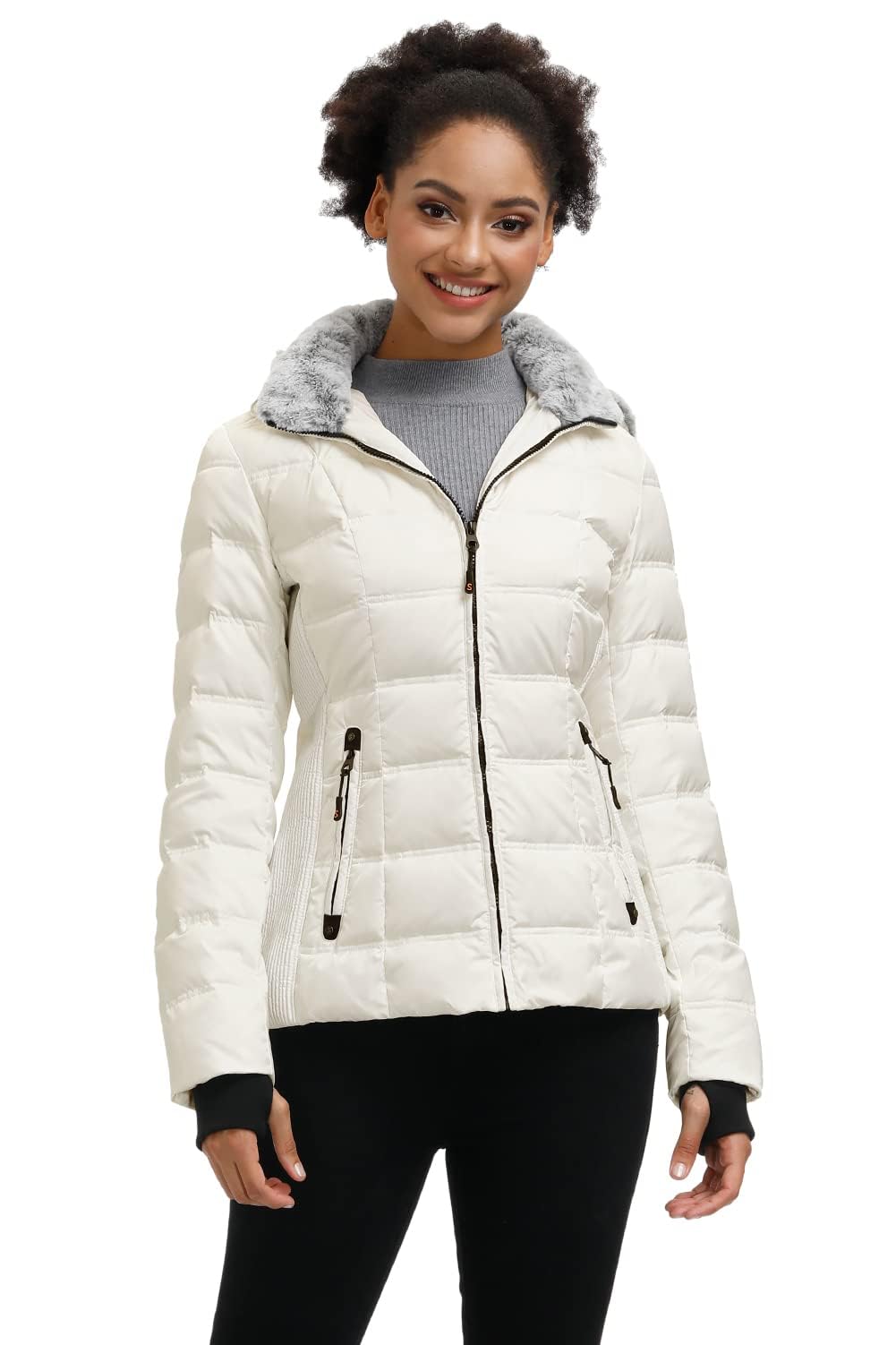 SLOW DOWN Women Down Puffer Jacket Warm Hooded Winter Down Puffer Coat with Faux-Fur Hood & Collar