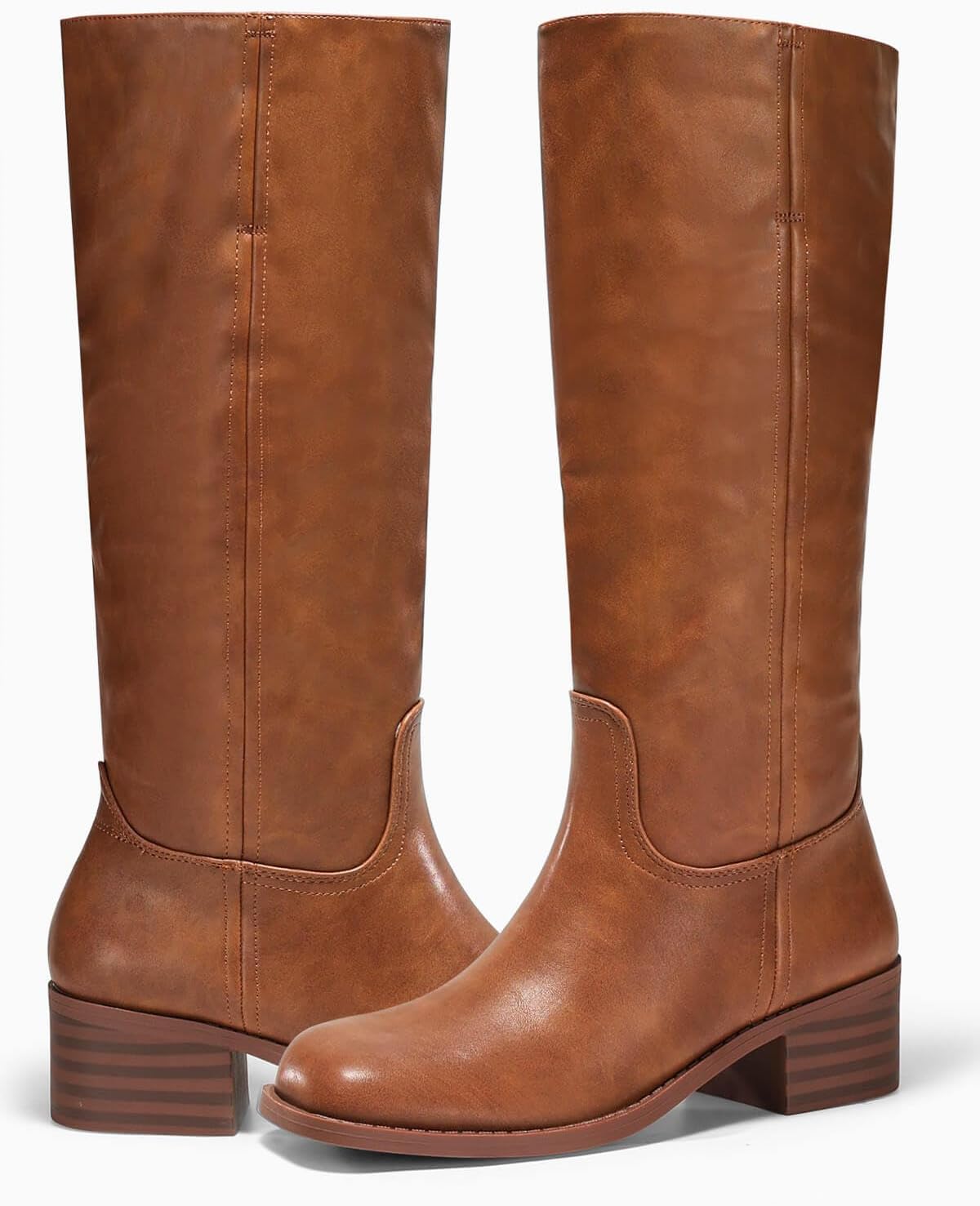 Coutgo Women's Knee High Boots Square Toe Chunky Block Heel Tall Boots Comfortable Low Heel Shoes