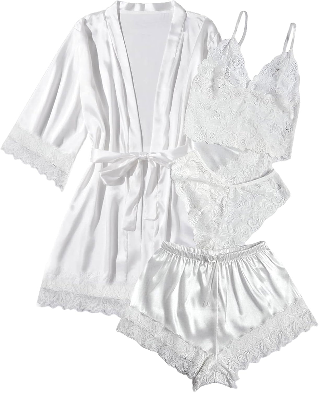 WDIRARA Women' Silk Satin Pajamas Set 4pcs Lingerie Floral Lace Cami Sleepwear with Robe