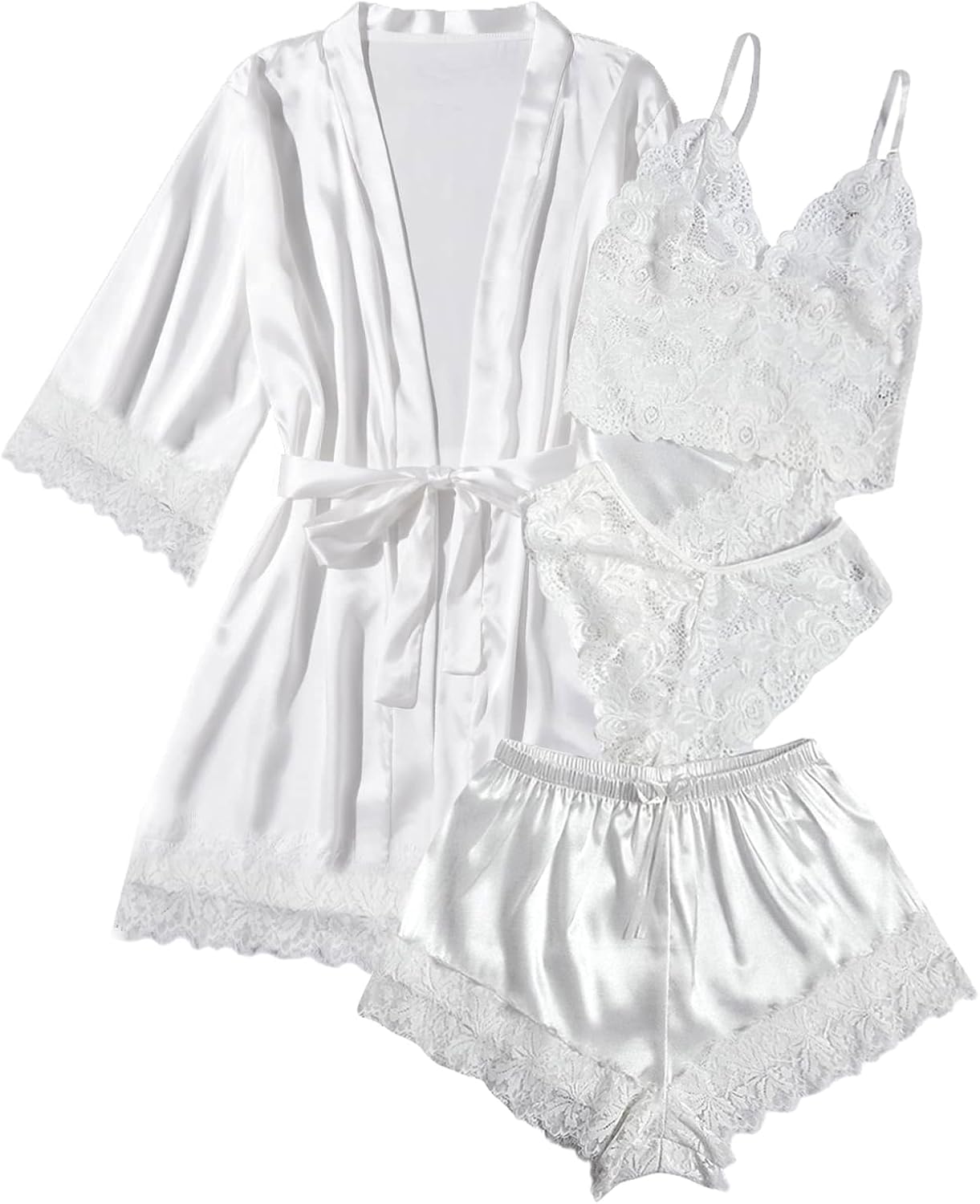WDIRARA Women' Silk Satin Pajamas Set 4pcs Lingerie Floral Lace Cami Sleepwear with Robe