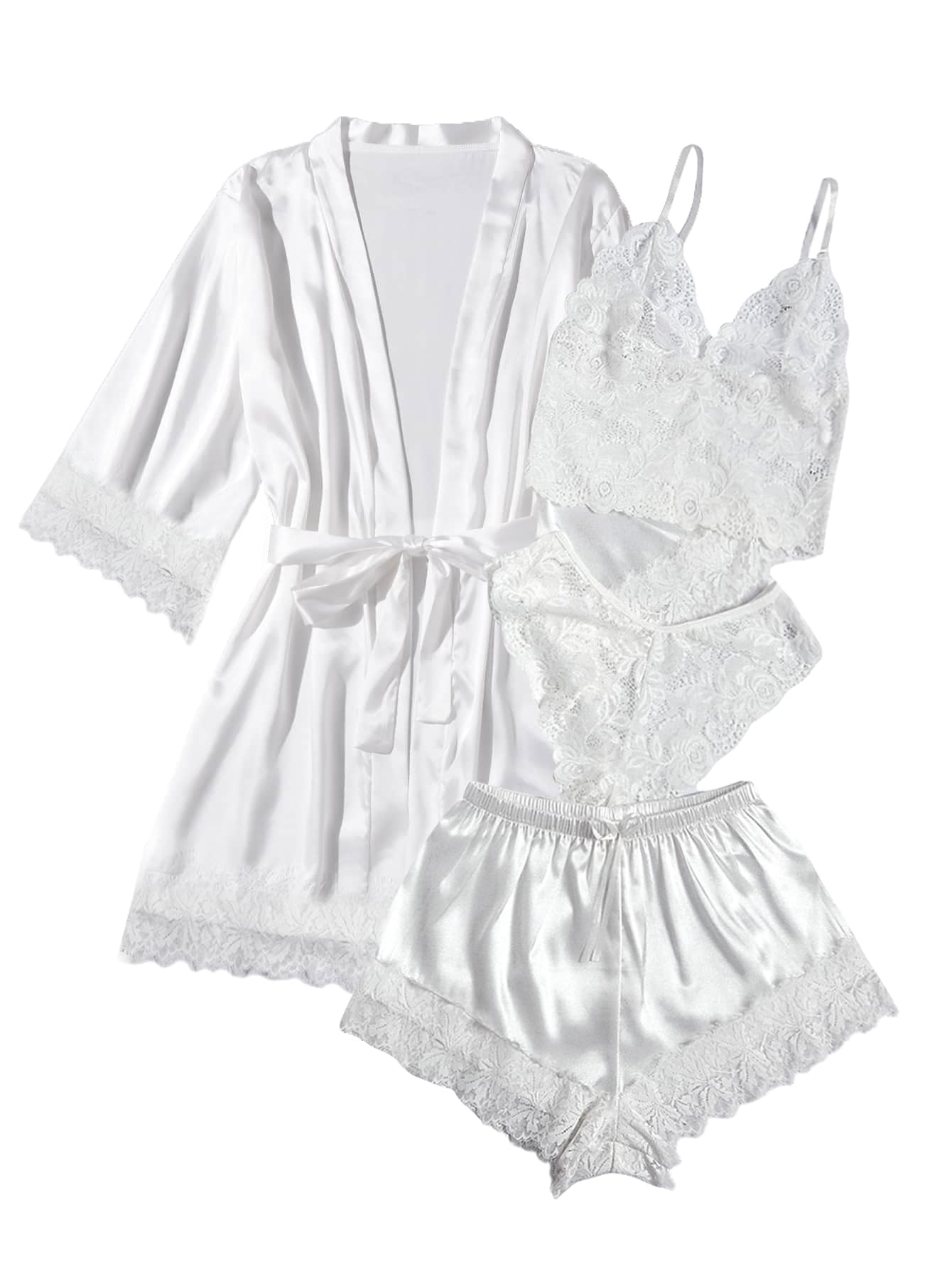 WDIRARA Women' Silk Satin Pajamas Set 4pcs Lingerie Floral Lace Cami Sleepwear with Robe