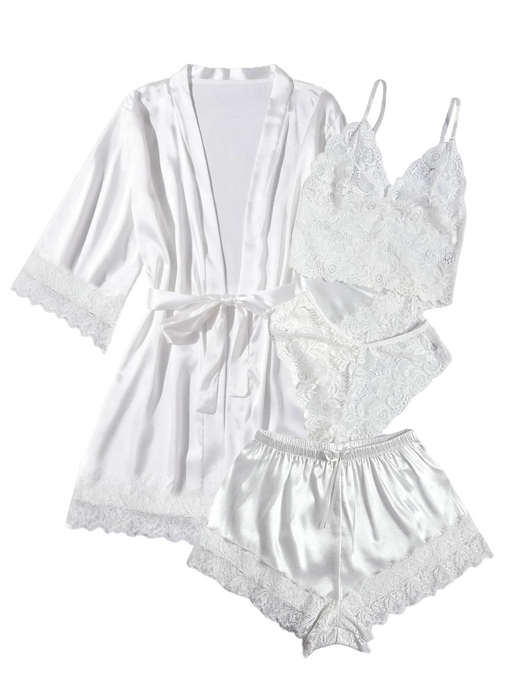 WDIRARA Women' Silk Satin Pajamas Set 4pcs Lingerie Floral Lace Cami Sleepwear with Robe