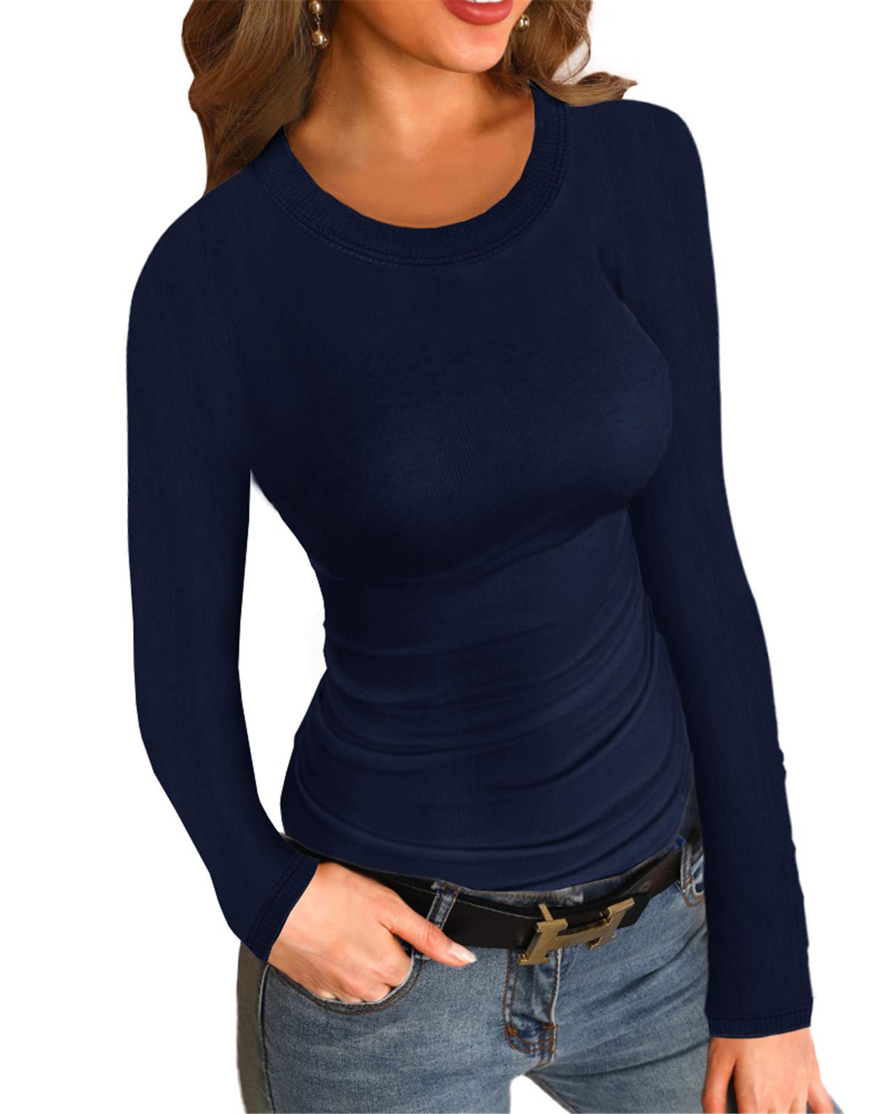 Womens Ribbed Long Sleeve Shirts Tops Fitted Tshirts Basic Slim Fit Tight Tee Shirt Fall Going Out Top 2024