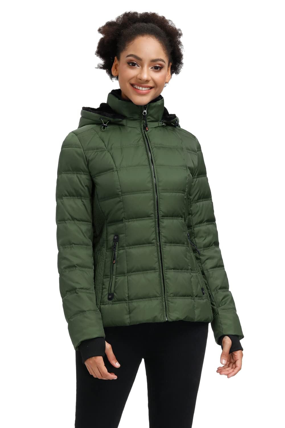 SLOW DOWN Women Down Puffer Jacket Warm Hooded Winter Down Puffer Coat with Faux-Fur Hood & Collar