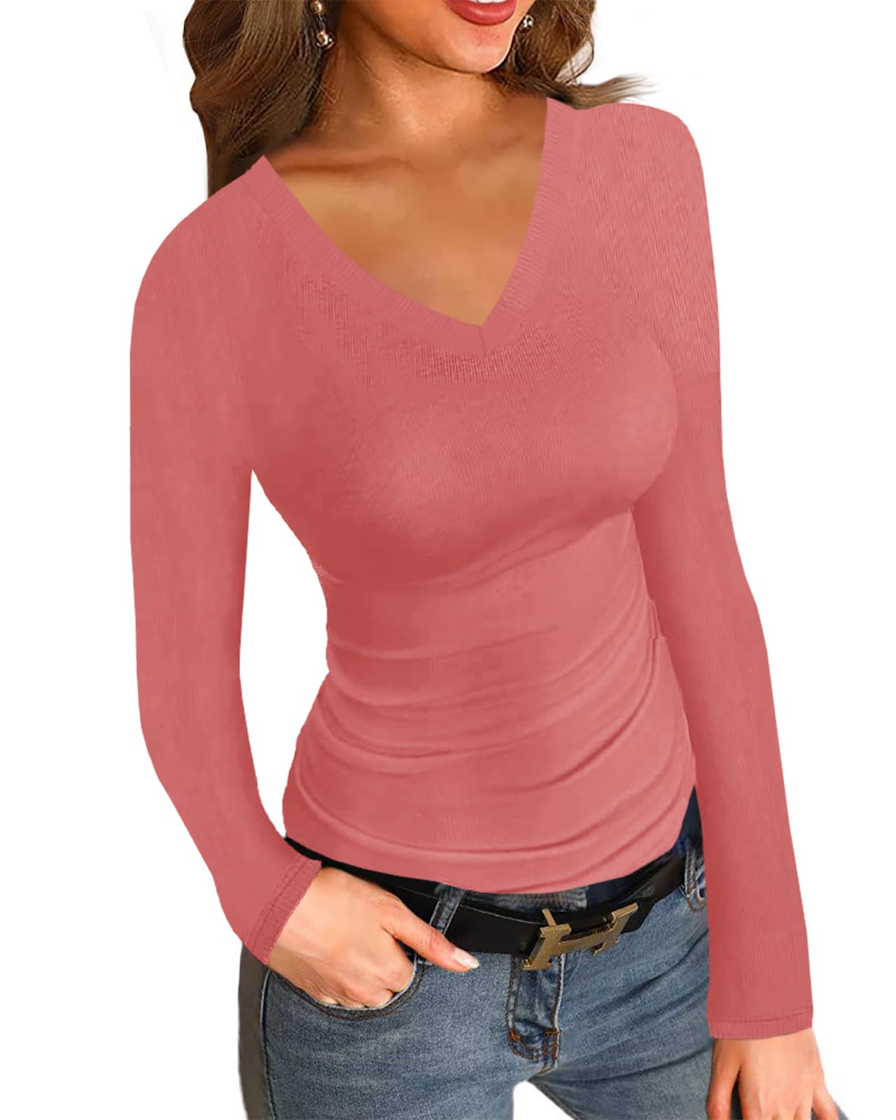 Womens Ribbed Long Sleeve Shirts Tops Fitted Tshirts Basic Slim Fit Tight Tee Shirt Fall Going Out Top 2024