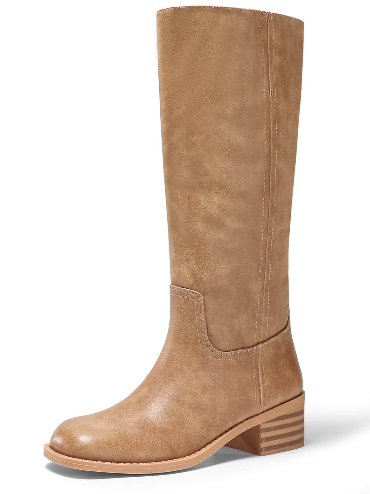 Coutgo Women's Knee High Boots Square Toe Chunky Block Heel Tall Boots Comfortable Low Heel Shoes