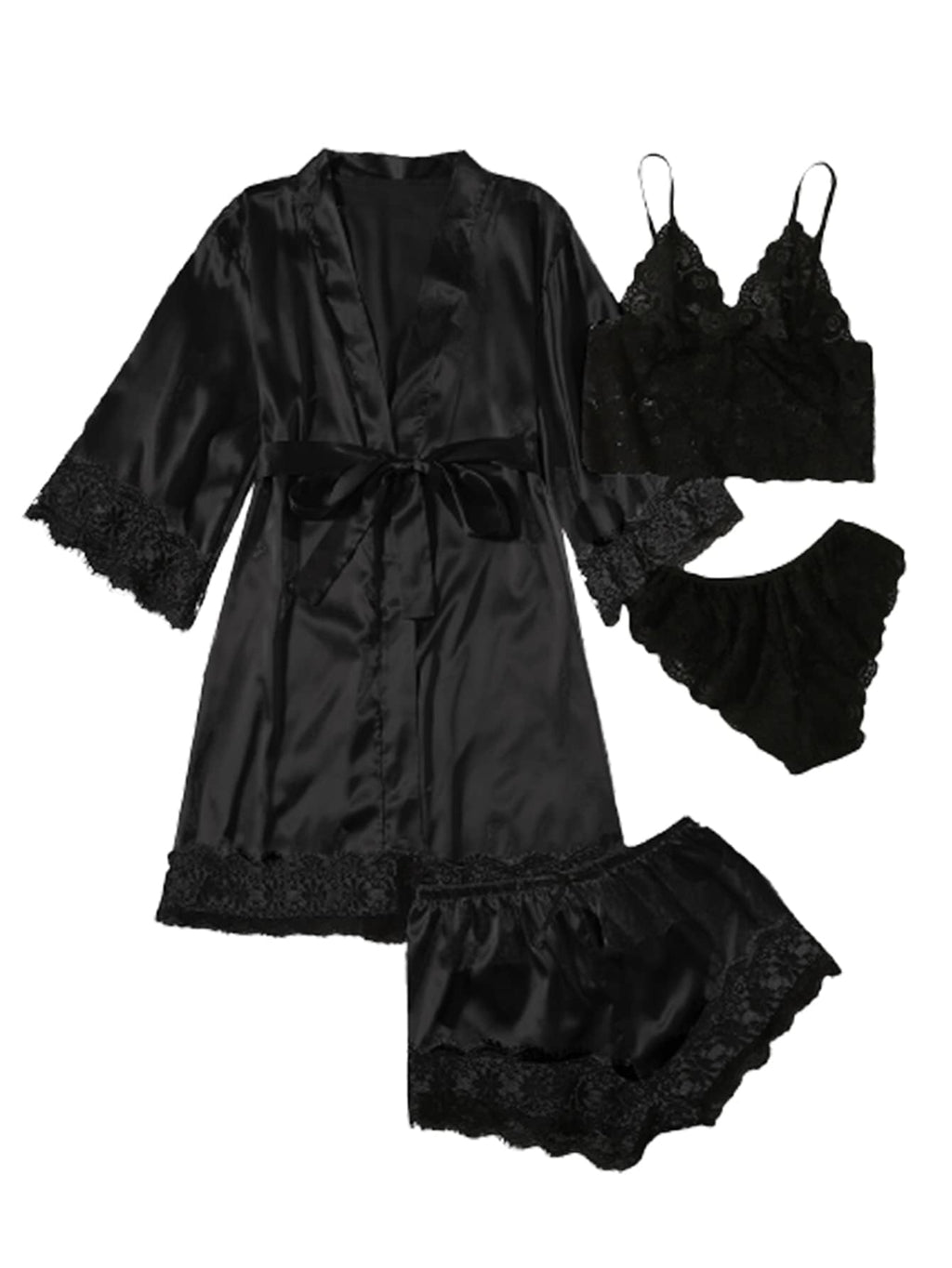 WDIRARA Women' Silk Satin Pajamas Set 4pcs Lingerie Floral Lace Cami Sleepwear with Robe