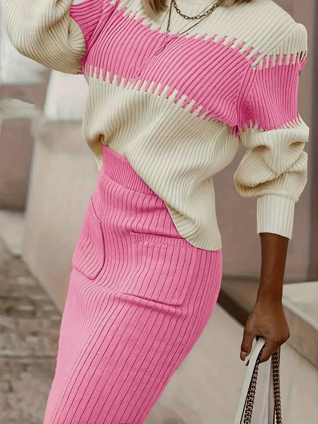 Two-Tone Ribbed Knit Top and Skirt Sweater Dress