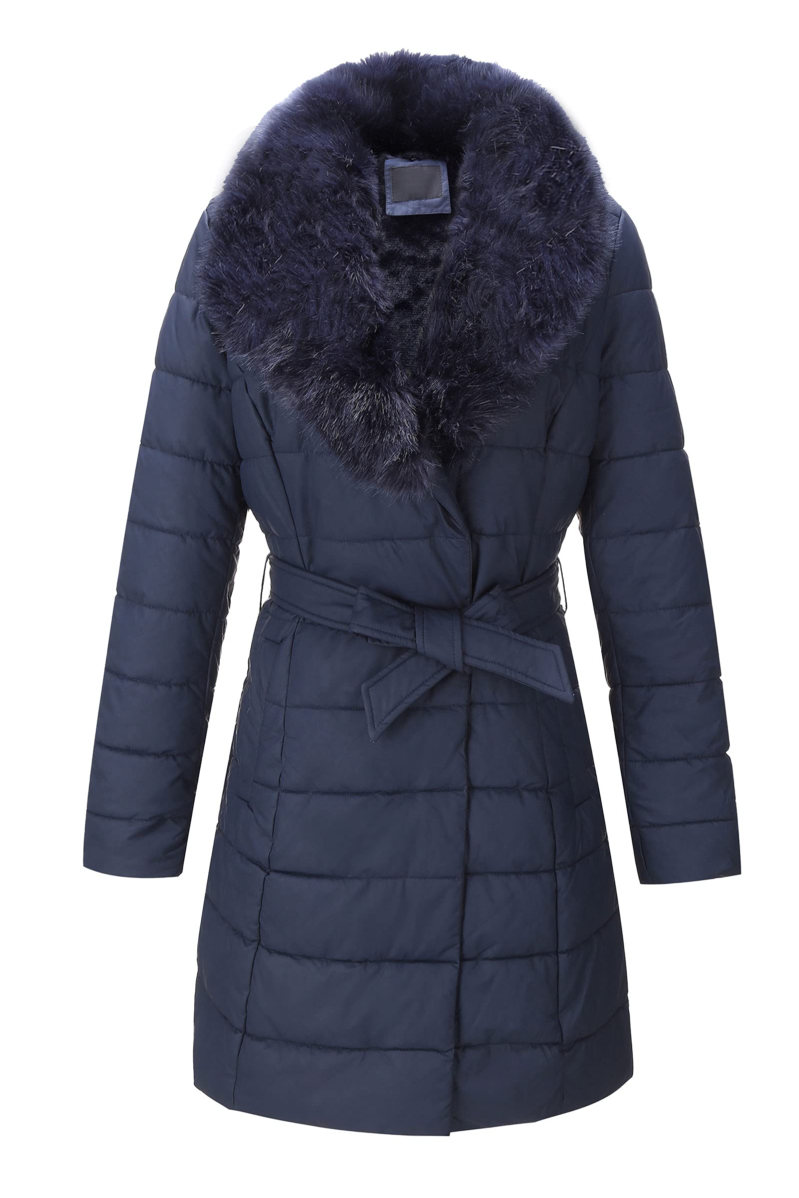 Bellivera Women's Winter Puffer Jacket Cold-Resistant Patchwork Plush Lining Coat with Removable Fur Collar Hooded and Belted