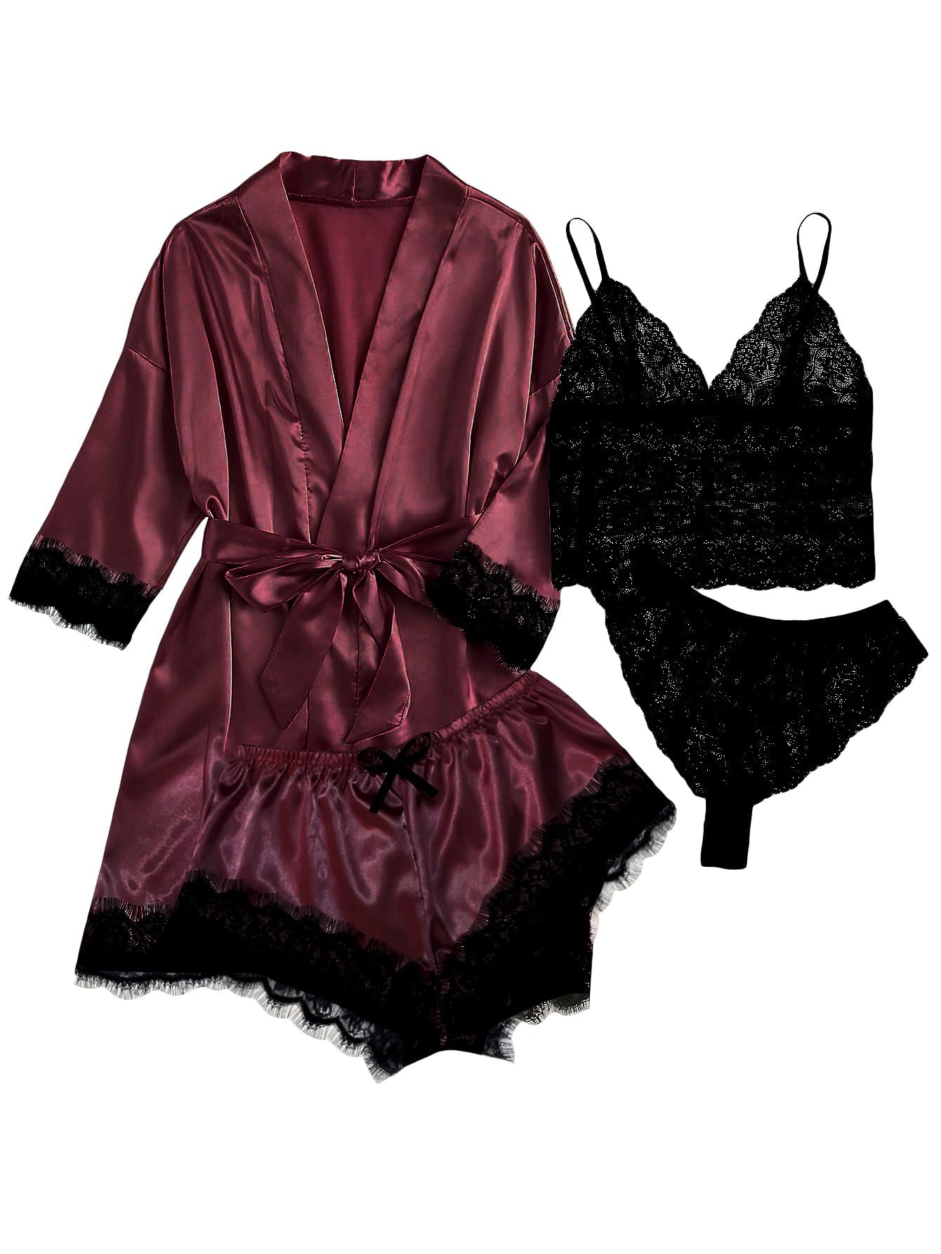 WDIRARA Women' Silk Satin Pajamas Set 4pcs Lingerie Floral Lace Cami Sleepwear with Robe