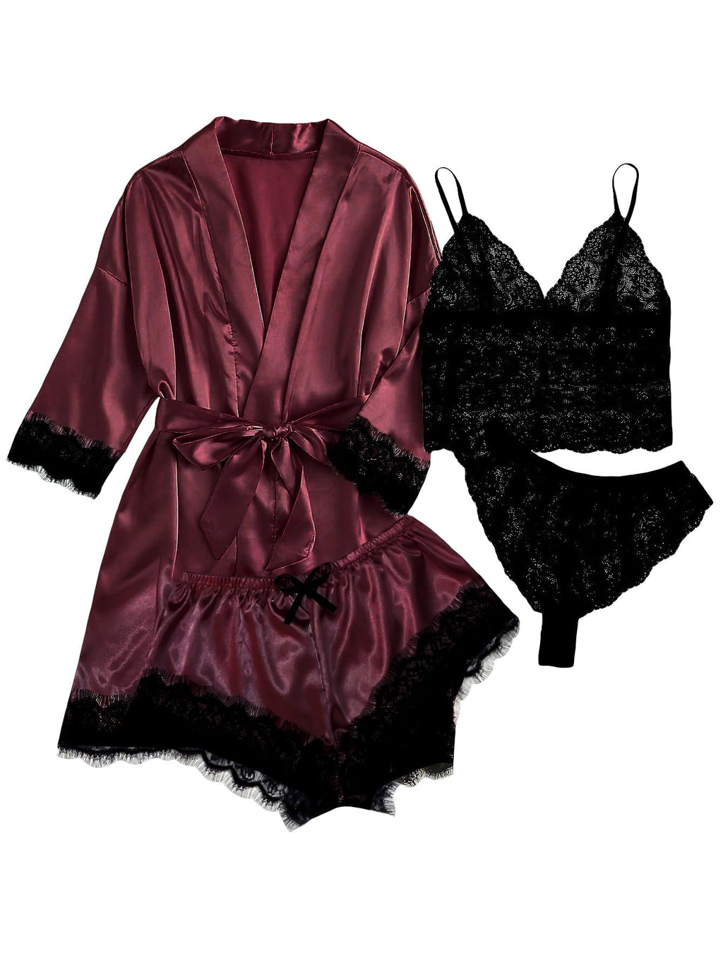 WDIRARA Women' Silk Satin Pajamas Set 4pcs Lingerie Floral Lace Cami Sleepwear with Robe