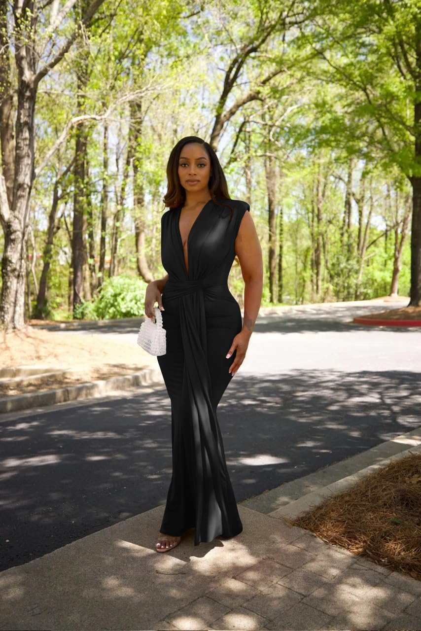 Memoriesea Women's Elegant Sleeveless Deep V Neck Bodycon Party Evening Gown Maxi Dress