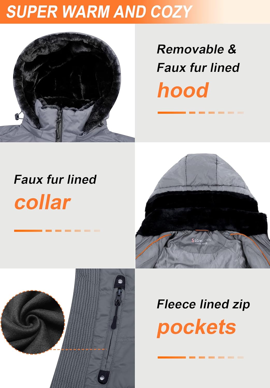 SLOW DOWN Women Down Puffer Jacket Warm Hooded Winter Down Puffer Coat with Faux-Fur Hood & Collar