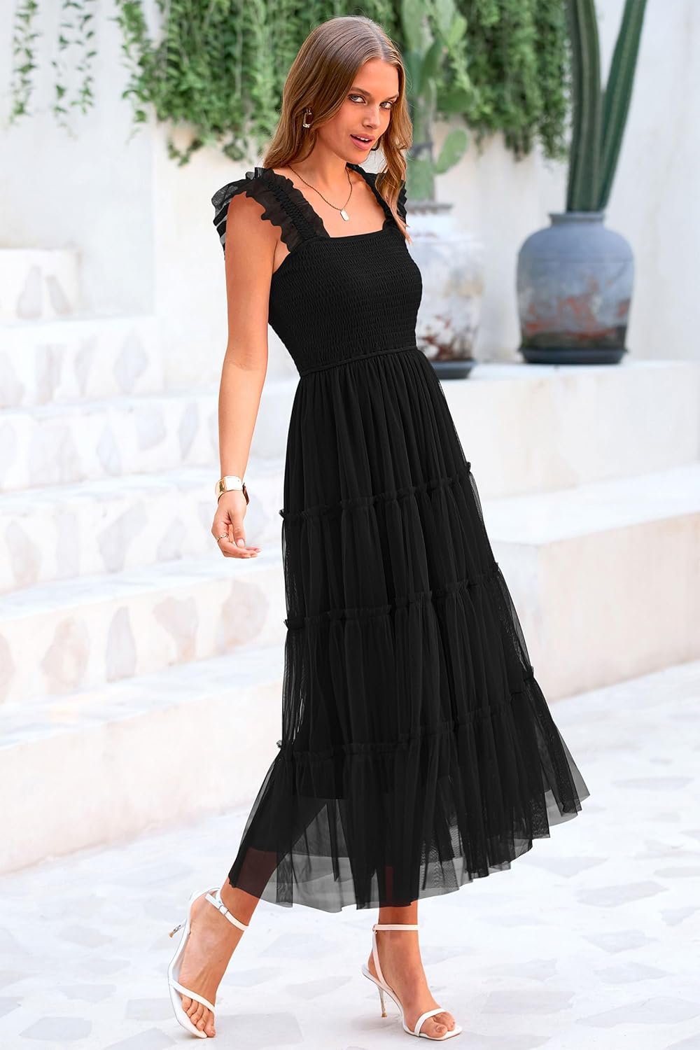 PRETTYGARDEN Women's Summer Tulle Midi Dress Sleeveless Smocked Ruffle Mesh Flowy Dresses Party Wedding Guest Sundress