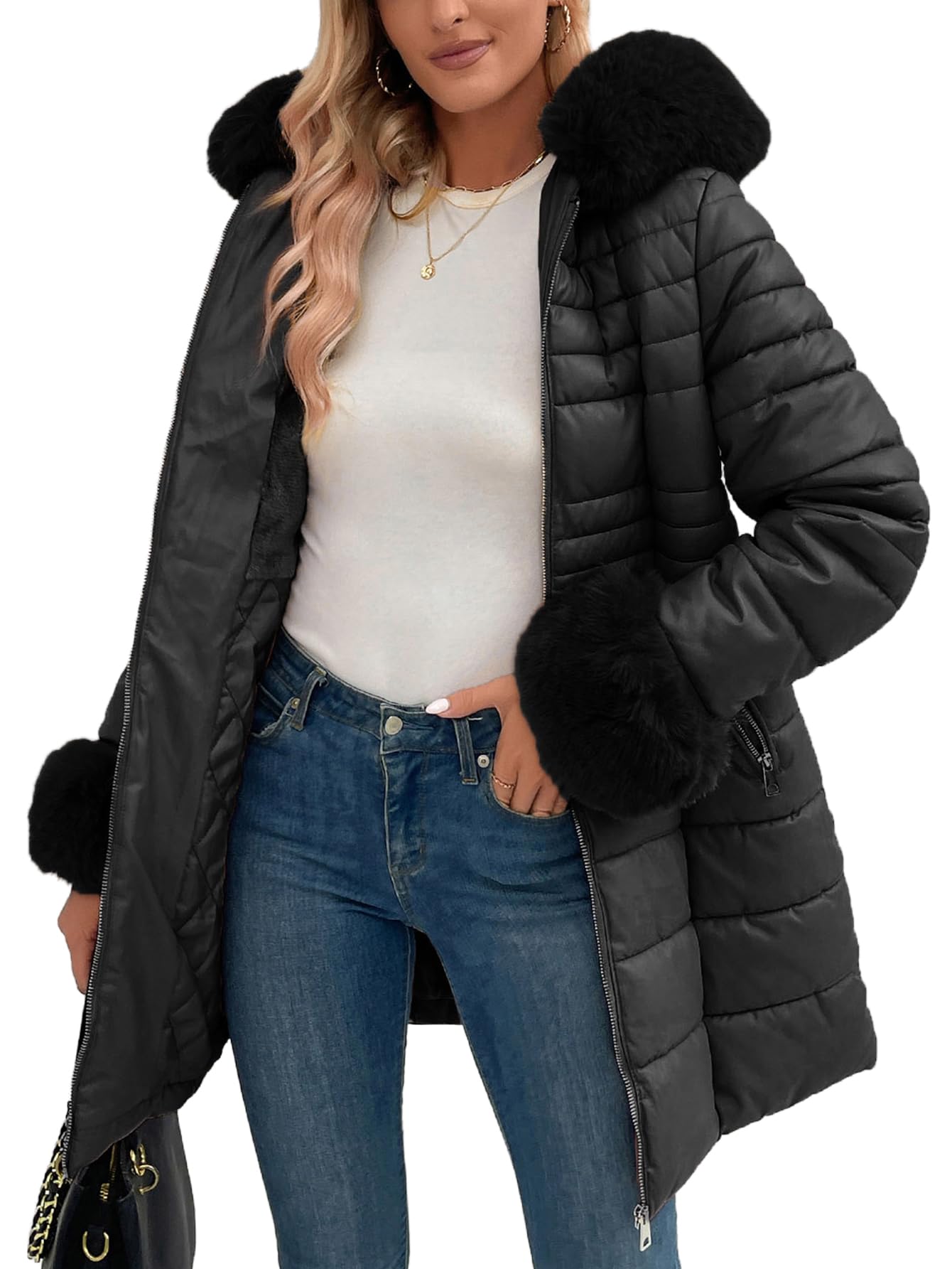 Bellivera Women's Winter Puffer Jacket Cold-Resistant Patchwork Plush Lining Coat with Removable Fur Collar Hooded and Belted