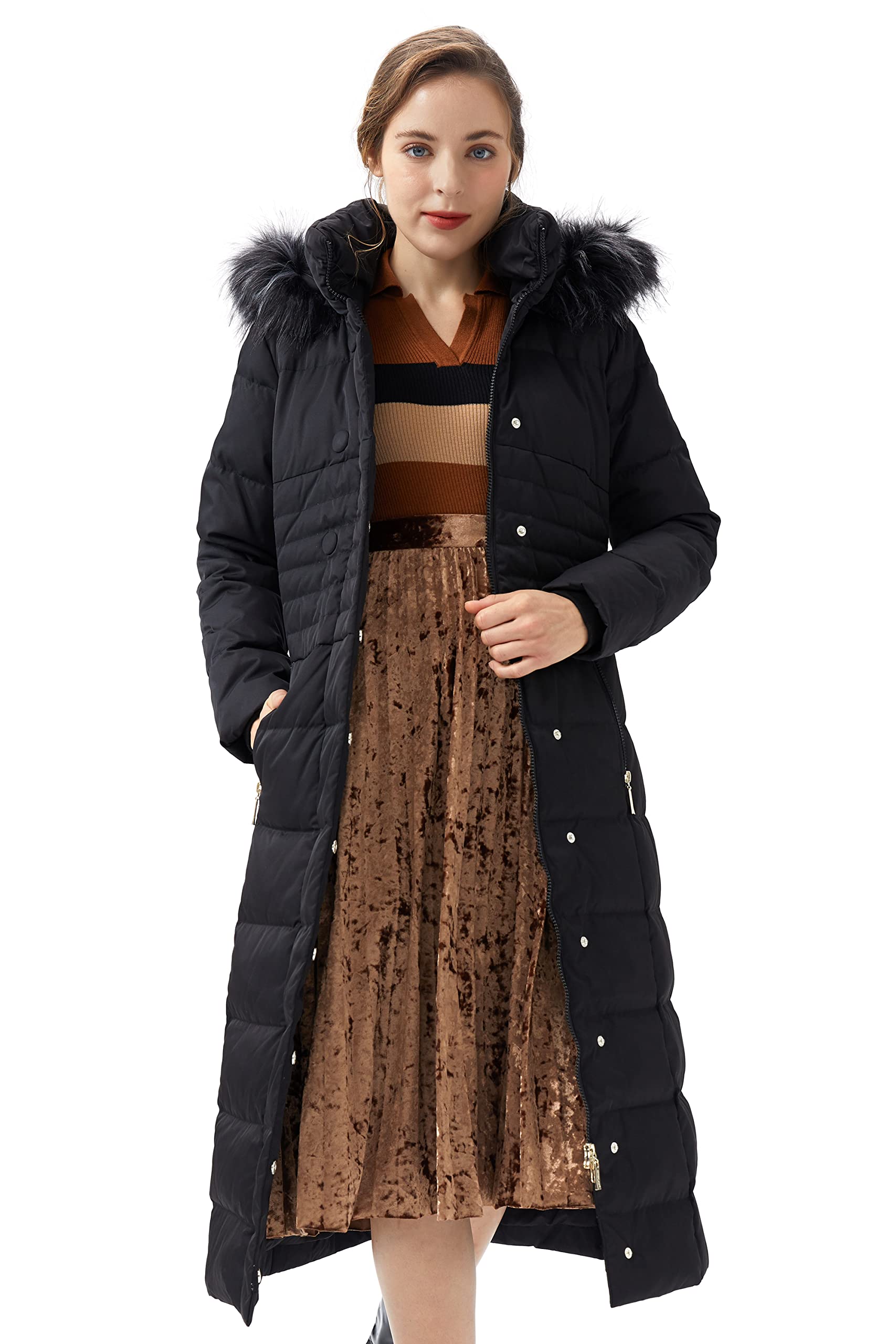 Orolay Women Warm Down Jacket with Hood Fur Long Puffer Coat