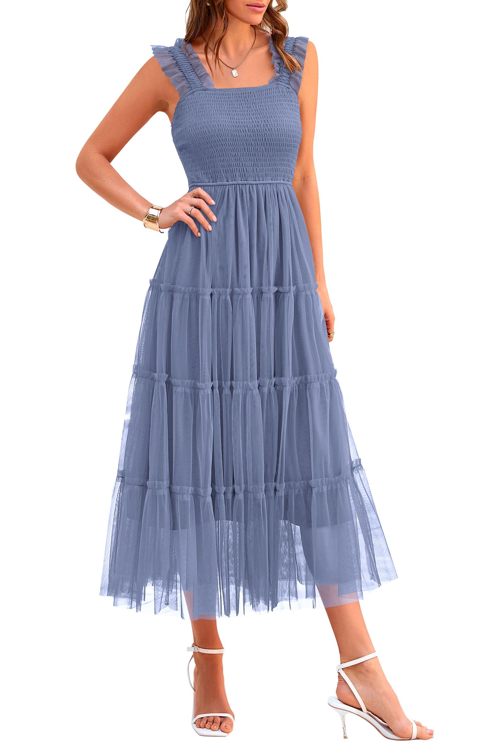 PRETTYGARDEN Women's Summer Tulle Midi Dress Sleeveless Smocked Ruffle Mesh Flowy Dresses Party Wedding Guest Sundress