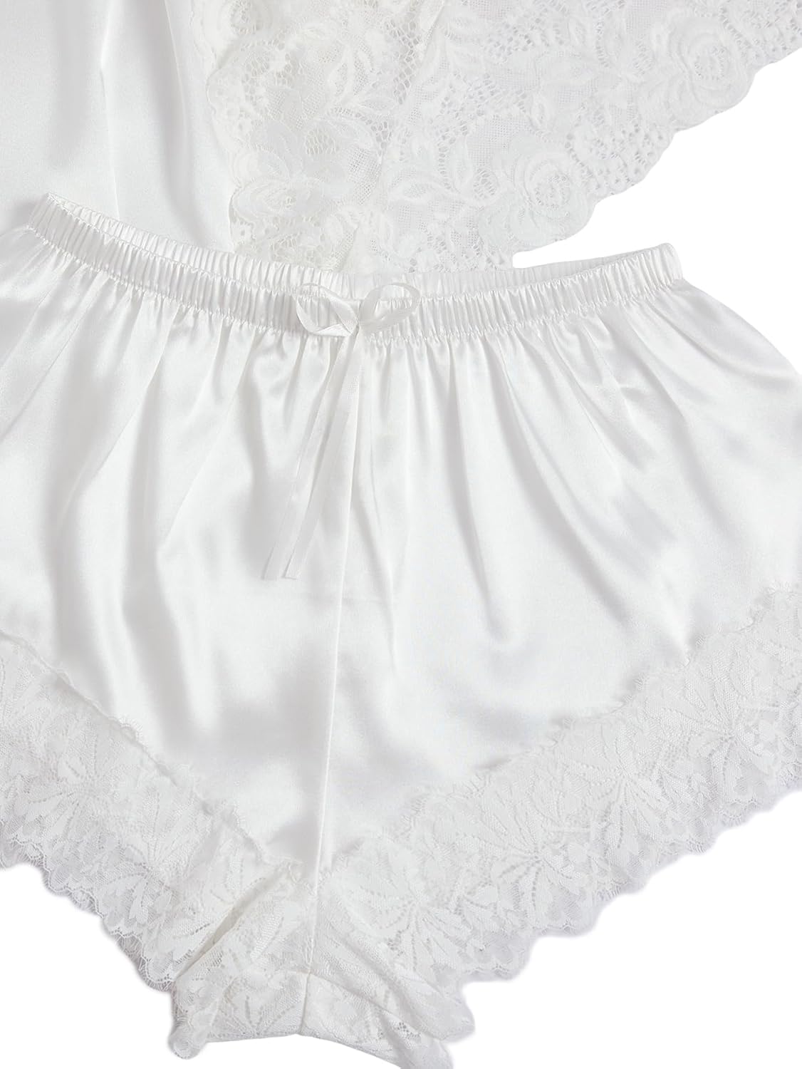 WDIRARA Women' Silk Satin Pajamas Set 4pcs Lingerie Floral Lace Cami Sleepwear with Robe