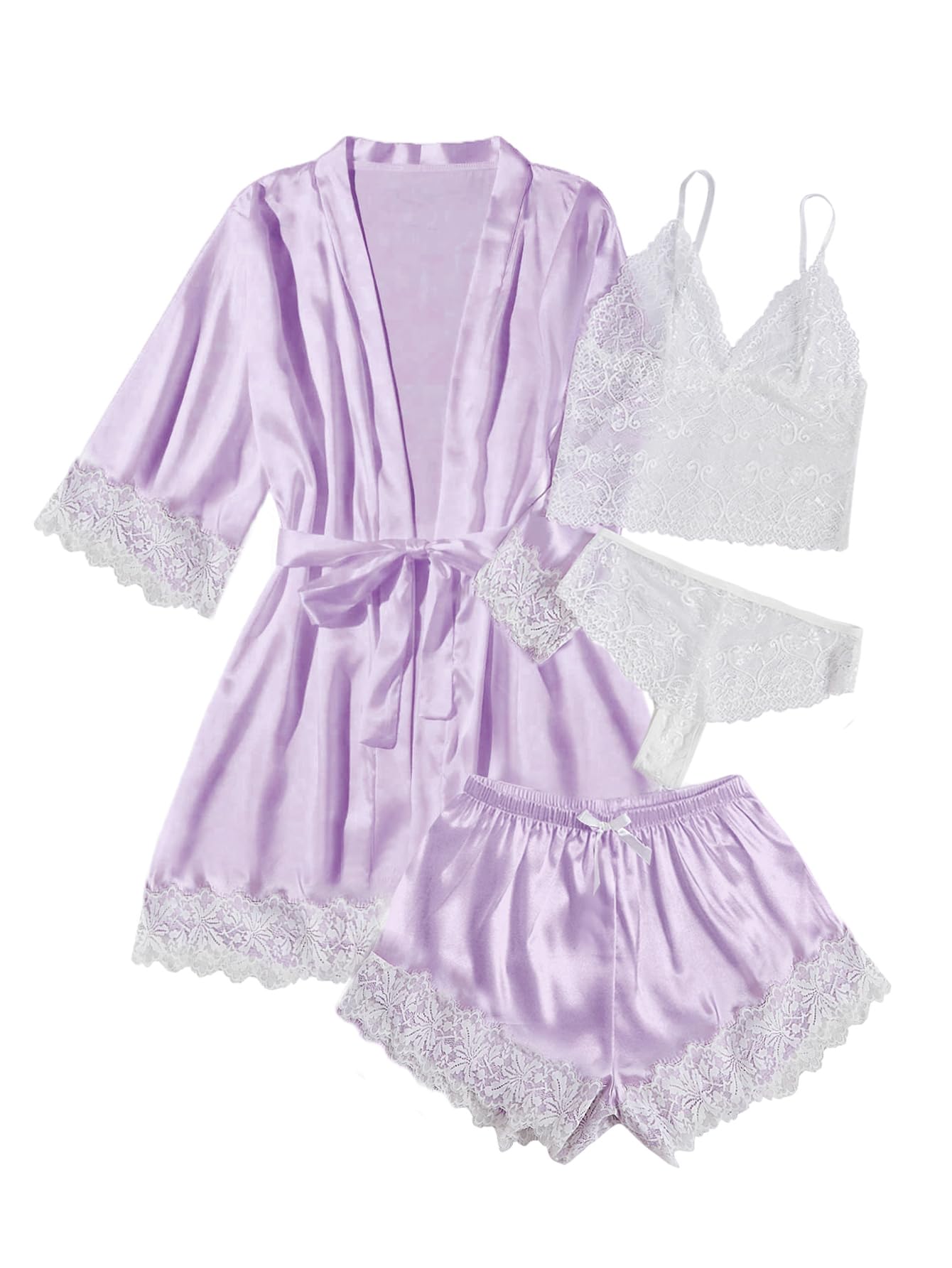 WDIRARA Women' Silk Satin Pajamas Set 4pcs Lingerie Floral Lace Cami Sleepwear with Robe