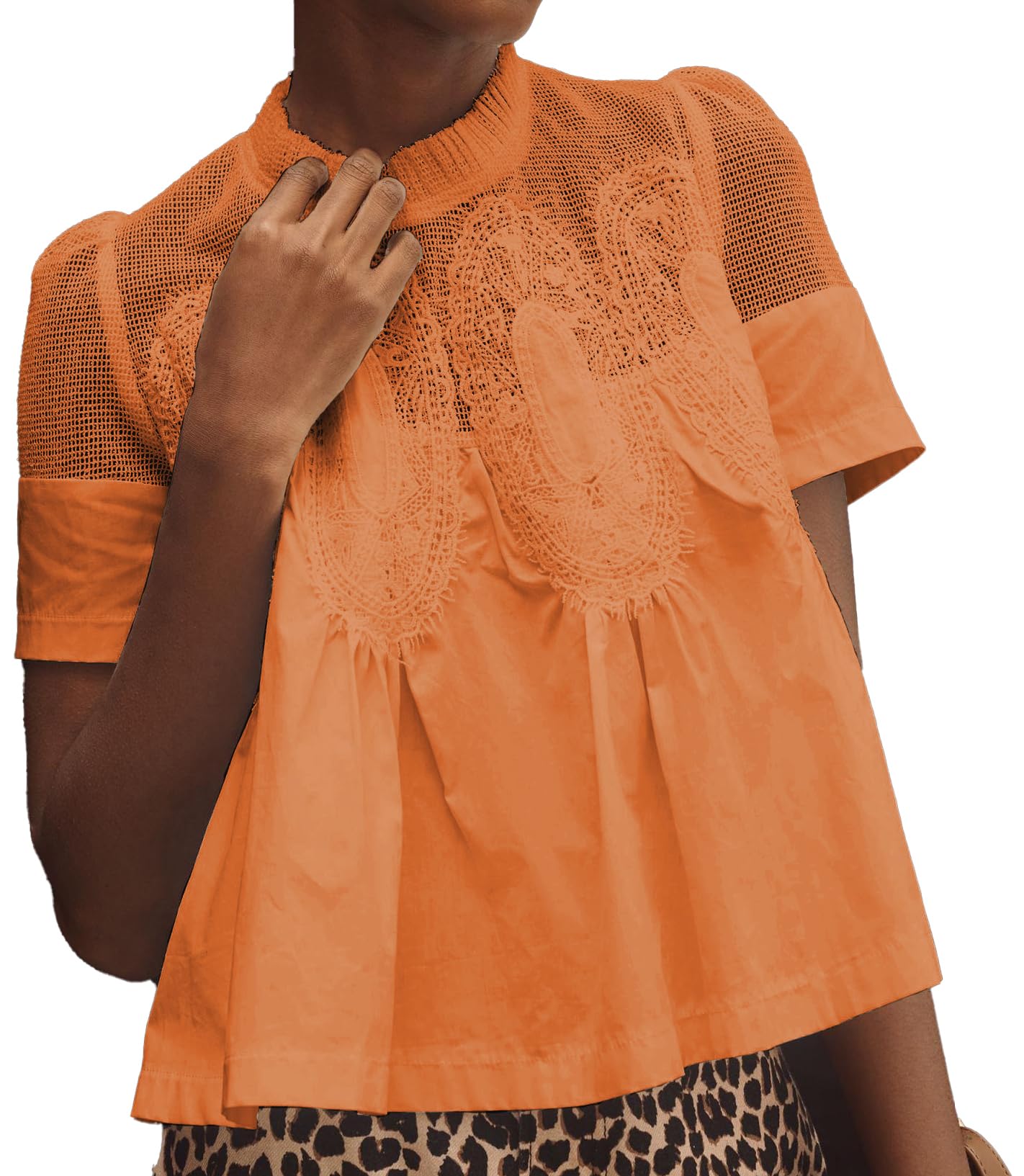 VAOYIU Women Lace-Detail Flared Blouse Short-Sleeve Crew Neck Lace Poplin Mesh Swing Top Elegant Loose Intricate Back Design