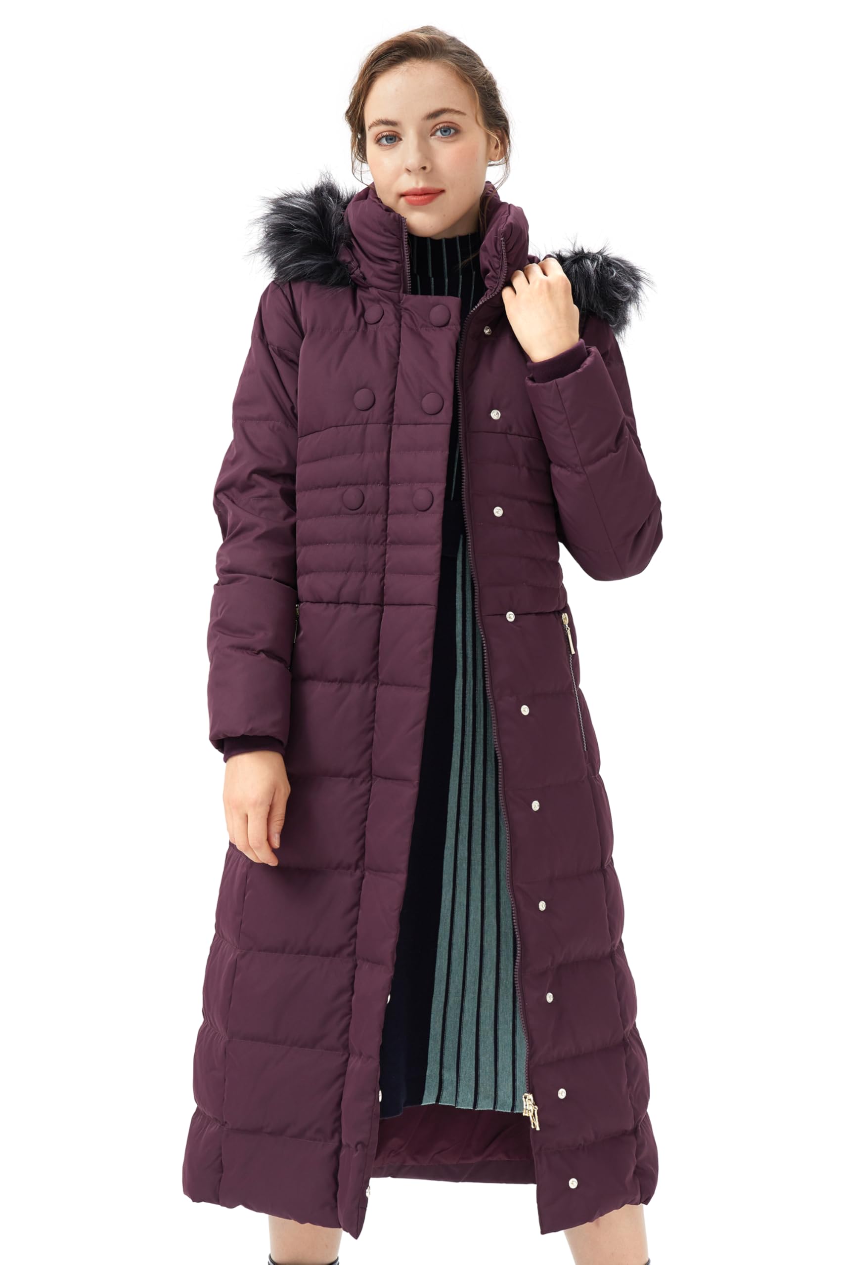 Orolay Women Warm Down Jacket with Hood Fur Long Puffer Coat