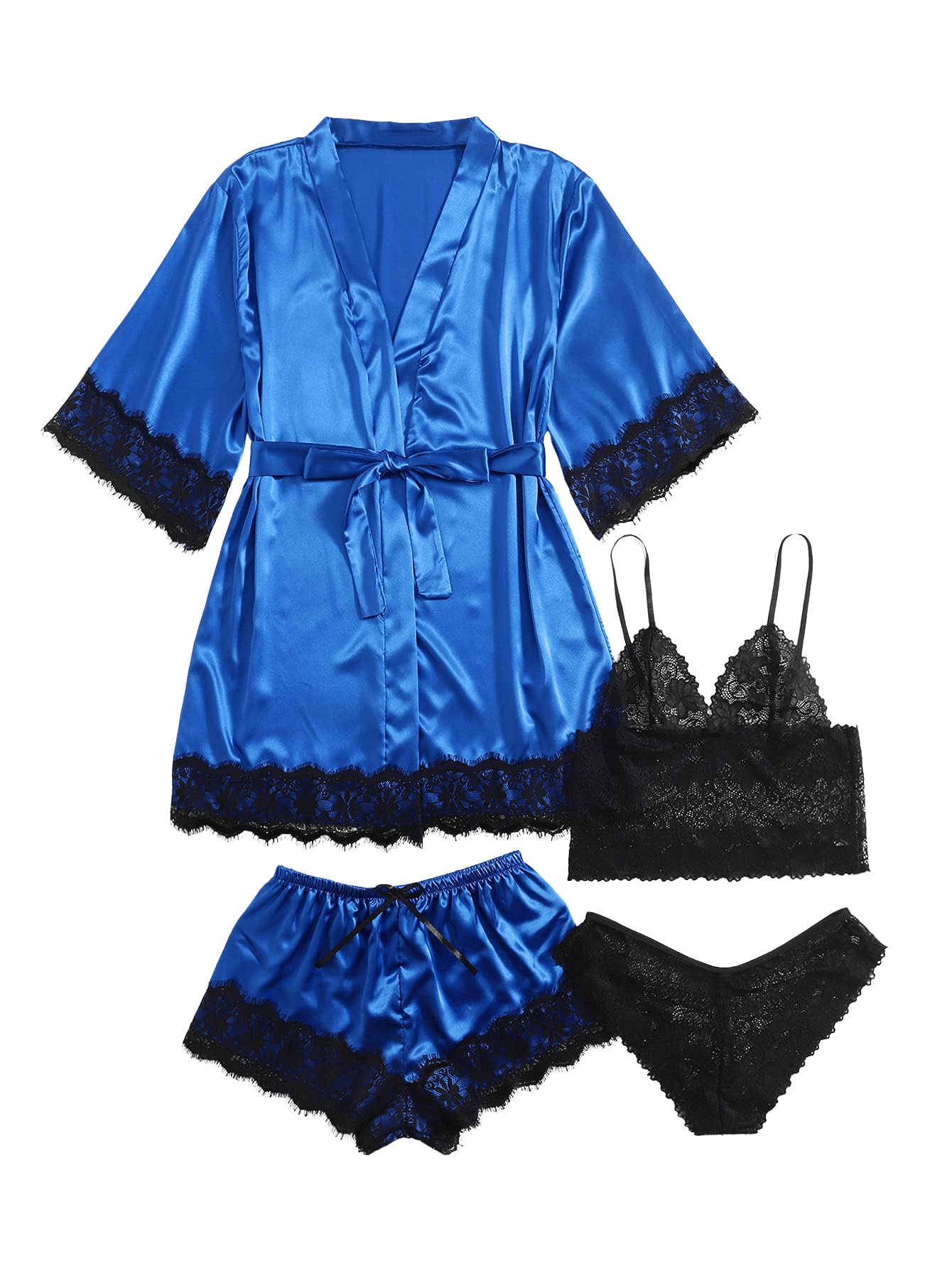 WDIRARA Women' Silk Satin Pajamas Set 4pcs Lingerie Floral Lace Cami Sleepwear with Robe