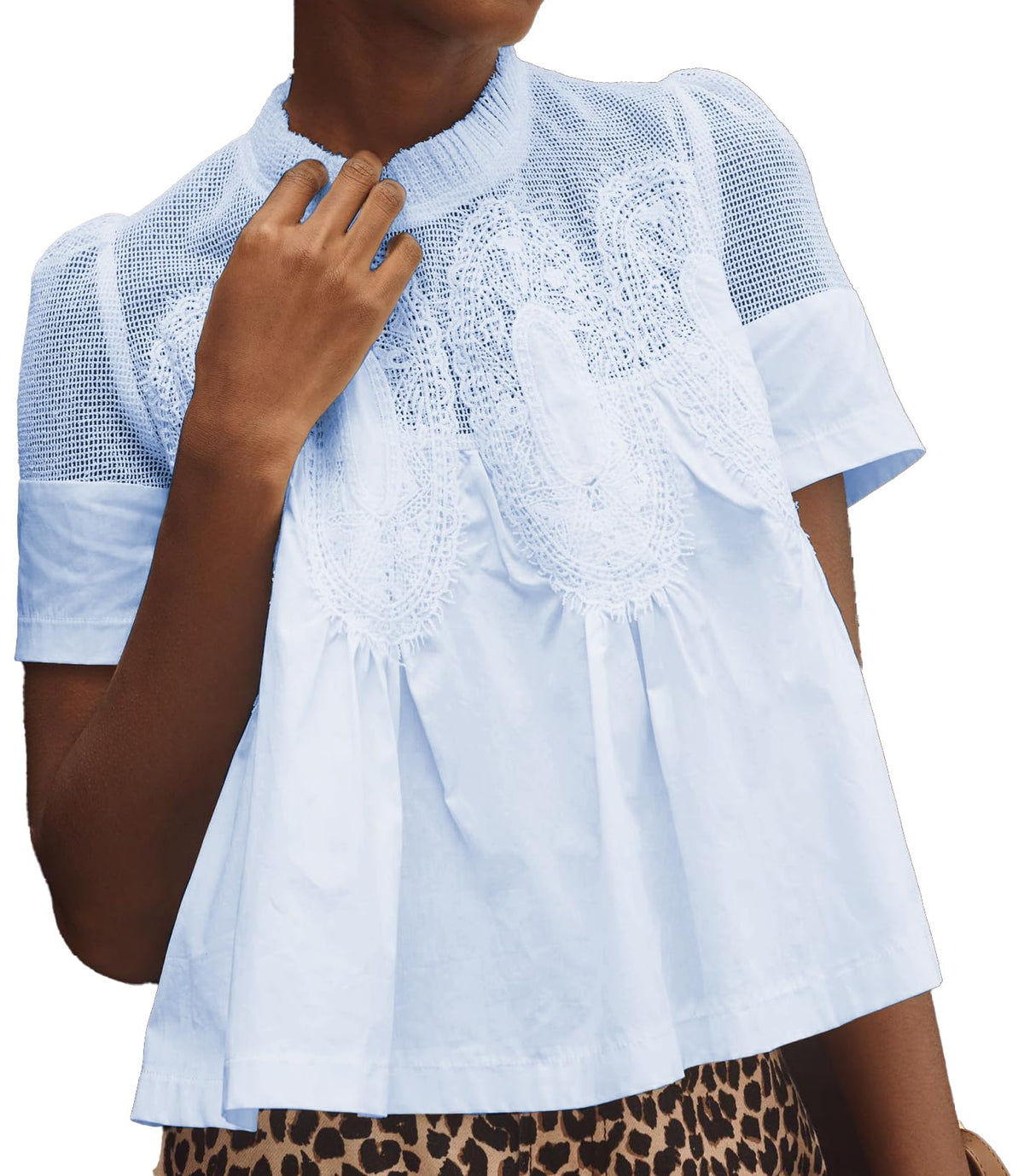 VAOYIU Women Lace-Detail Flared Blouse Short-Sleeve Crew Neck Lace Poplin Mesh Swing Top Elegant Loose Intricate Back Design