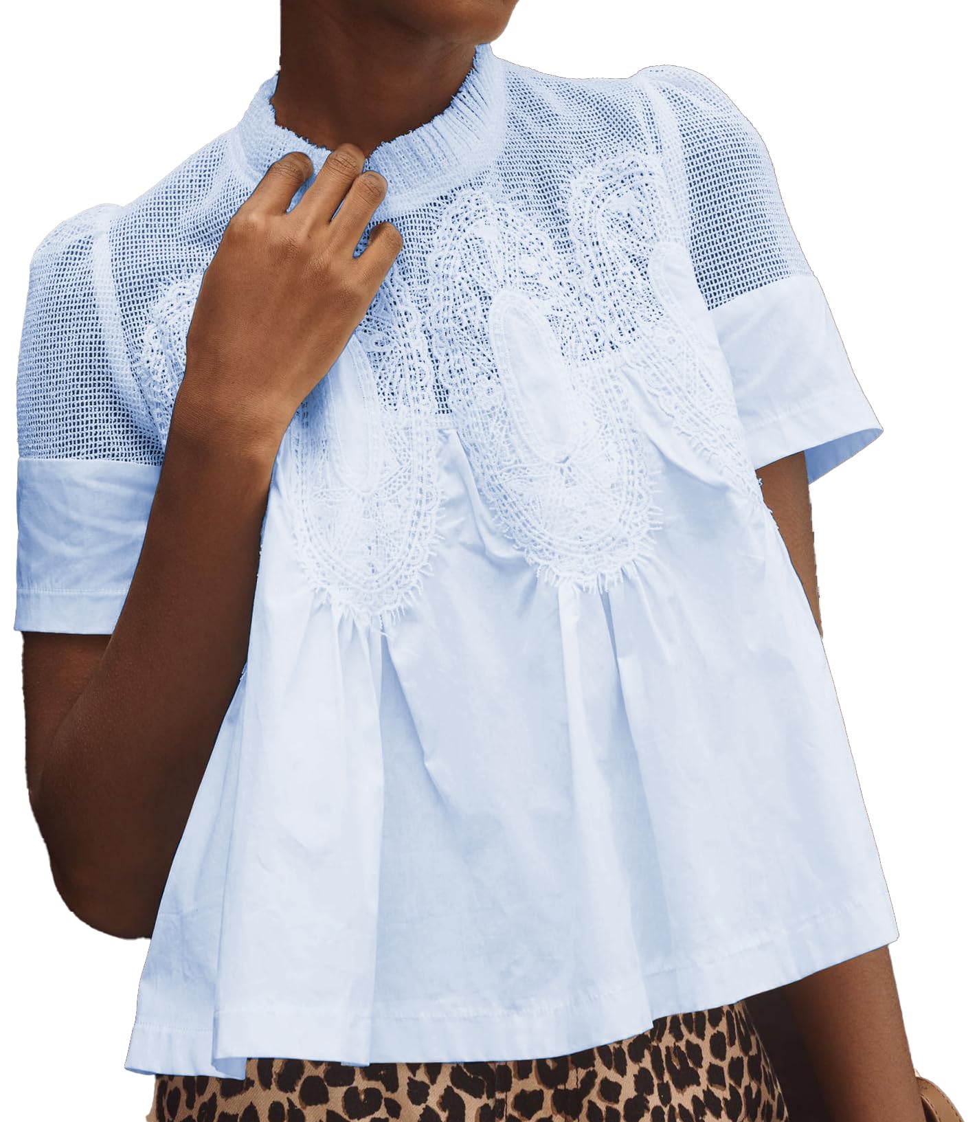 VAOYIU Women Lace-Detail Flared Blouse Short-Sleeve Crew Neck Lace Poplin Mesh Swing Top Elegant Loose Intricate Back Design