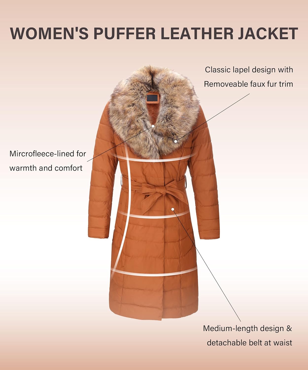 Bellivera Women's Winter Puffer Jacket Cold-Resistant Patchwork Plush Lining Coat with Removable Fur Collar Hooded and Belted