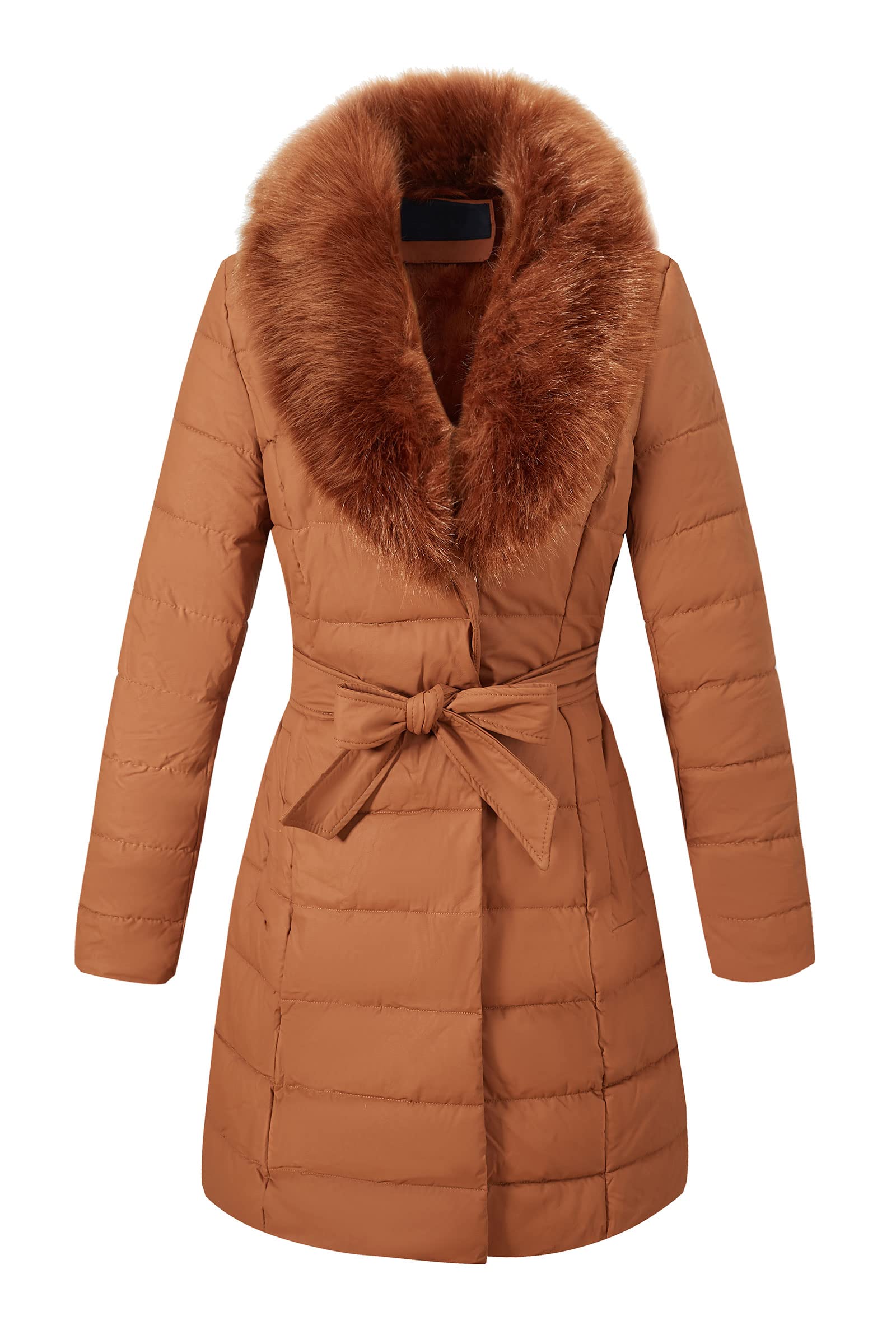 Bellivera Women's Winter Puffer Jacket Cold-Resistant Patchwork Plush Lining Coat with Removable Fur Collar Hooded and Belted