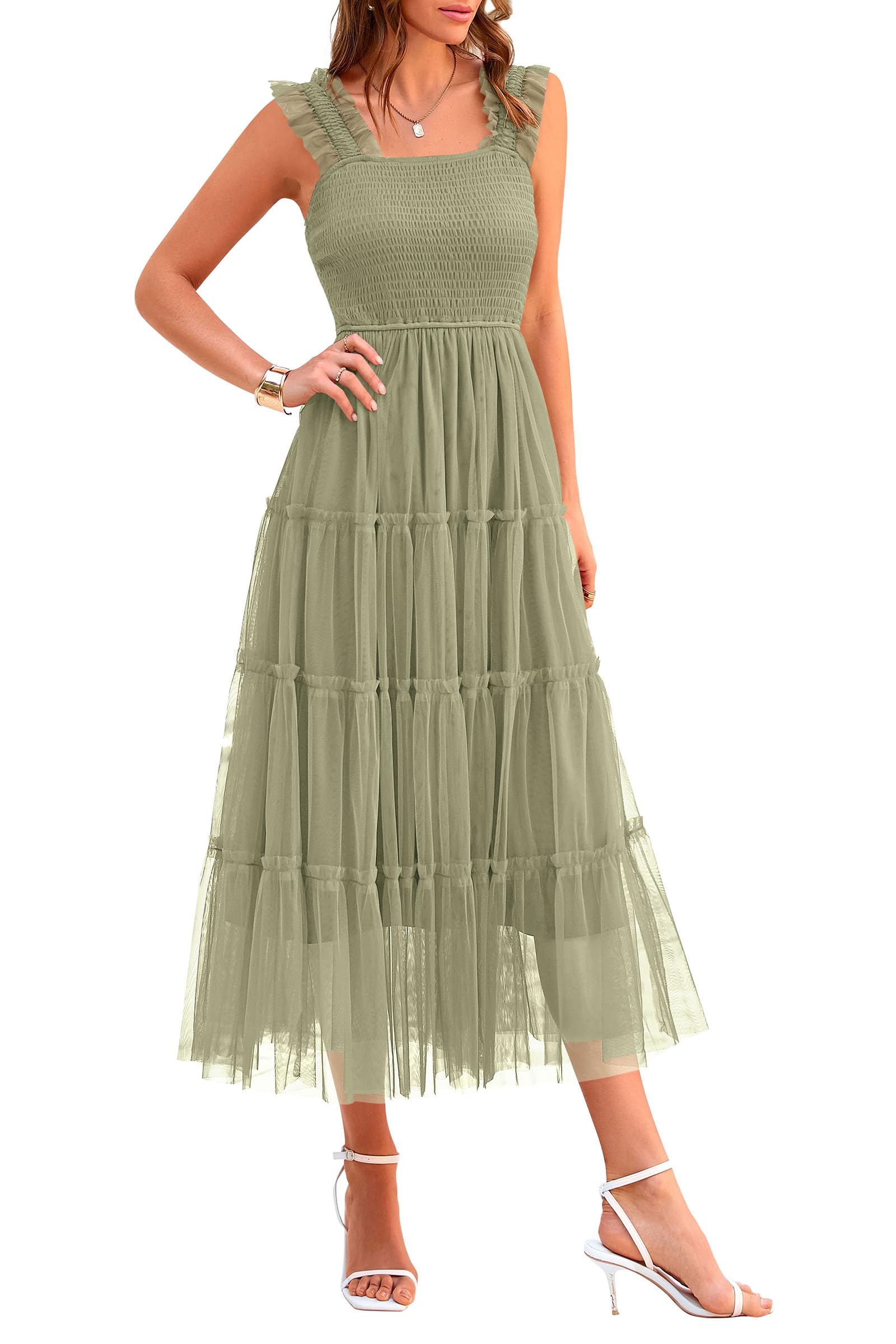 PRETTYGARDEN Women's Summer Tulle Midi Dress Sleeveless Smocked Ruffle Mesh Flowy Dresses Party Wedding Guest Sundress