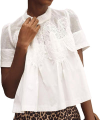 VAOYIU Women Lace-Detail Flared Blouse Short-Sleeve Crew Neck Lace Poplin Mesh Swing Top Elegant Loose Intricate Back Design