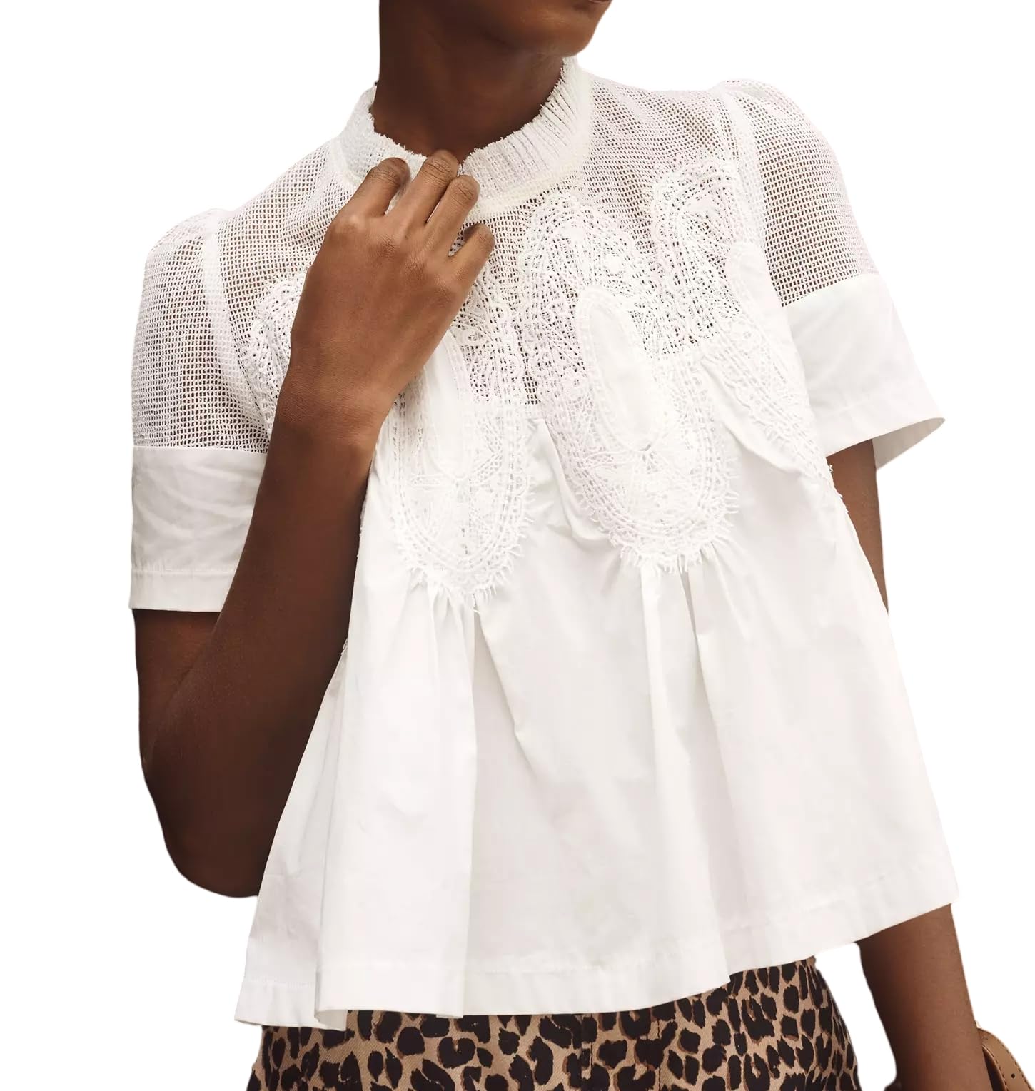 VAOYIU Women Lace-Detail Flared Blouse Short-Sleeve Crew Neck Lace Poplin Mesh Swing Top Elegant Loose Intricate Back Design