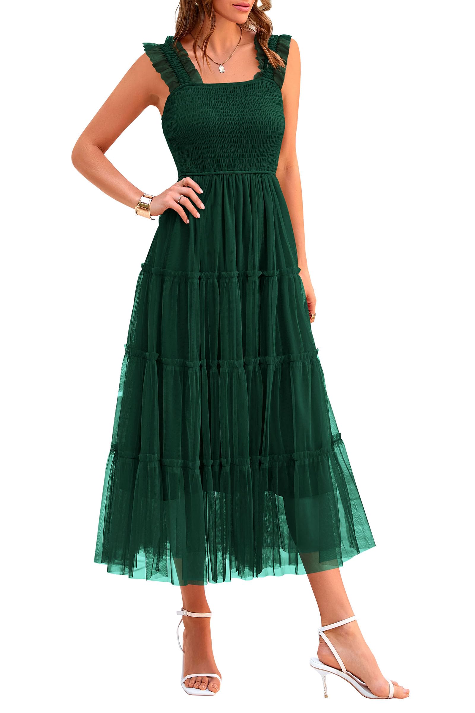 PRETTYGARDEN Women's Summer Tulle Midi Dress Sleeveless Smocked Ruffle Mesh Flowy Dresses Party Wedding Guest Sundress