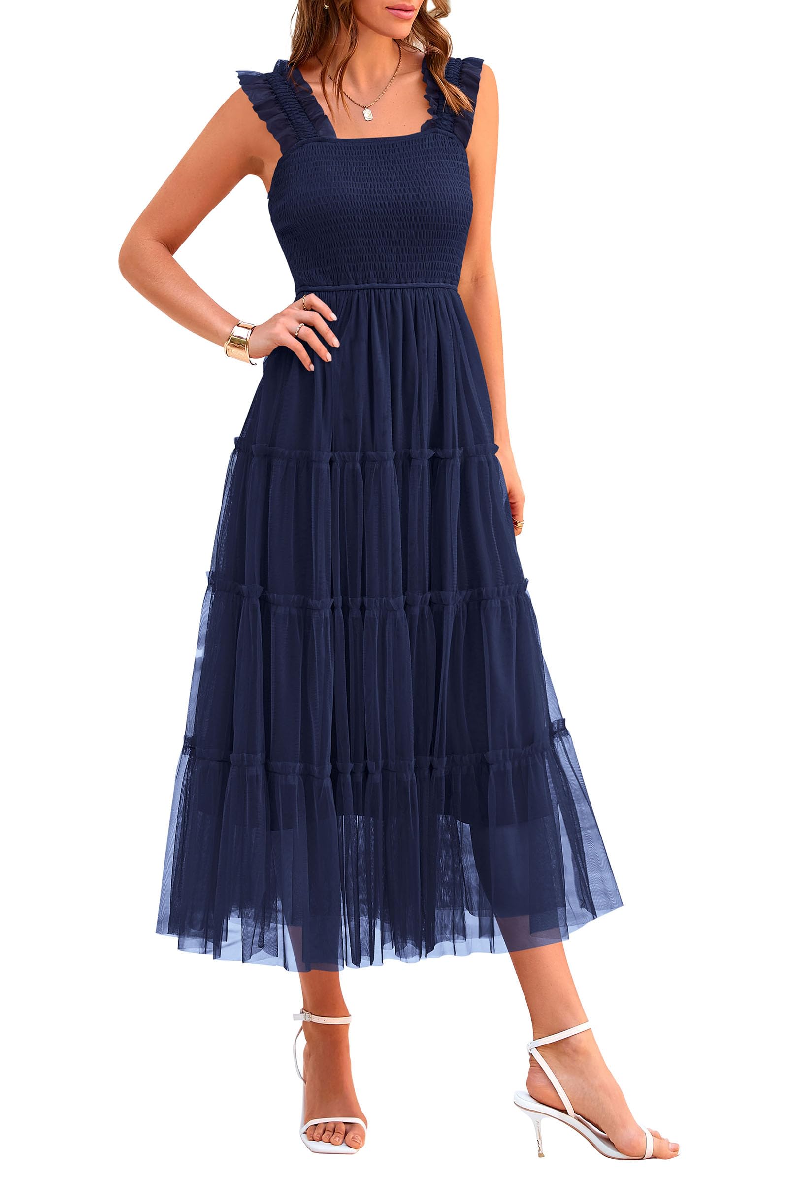 PRETTYGARDEN Women's Summer Tulle Midi Dress Sleeveless Smocked Ruffle Mesh Flowy Dresses Party Wedding Guest Sundress